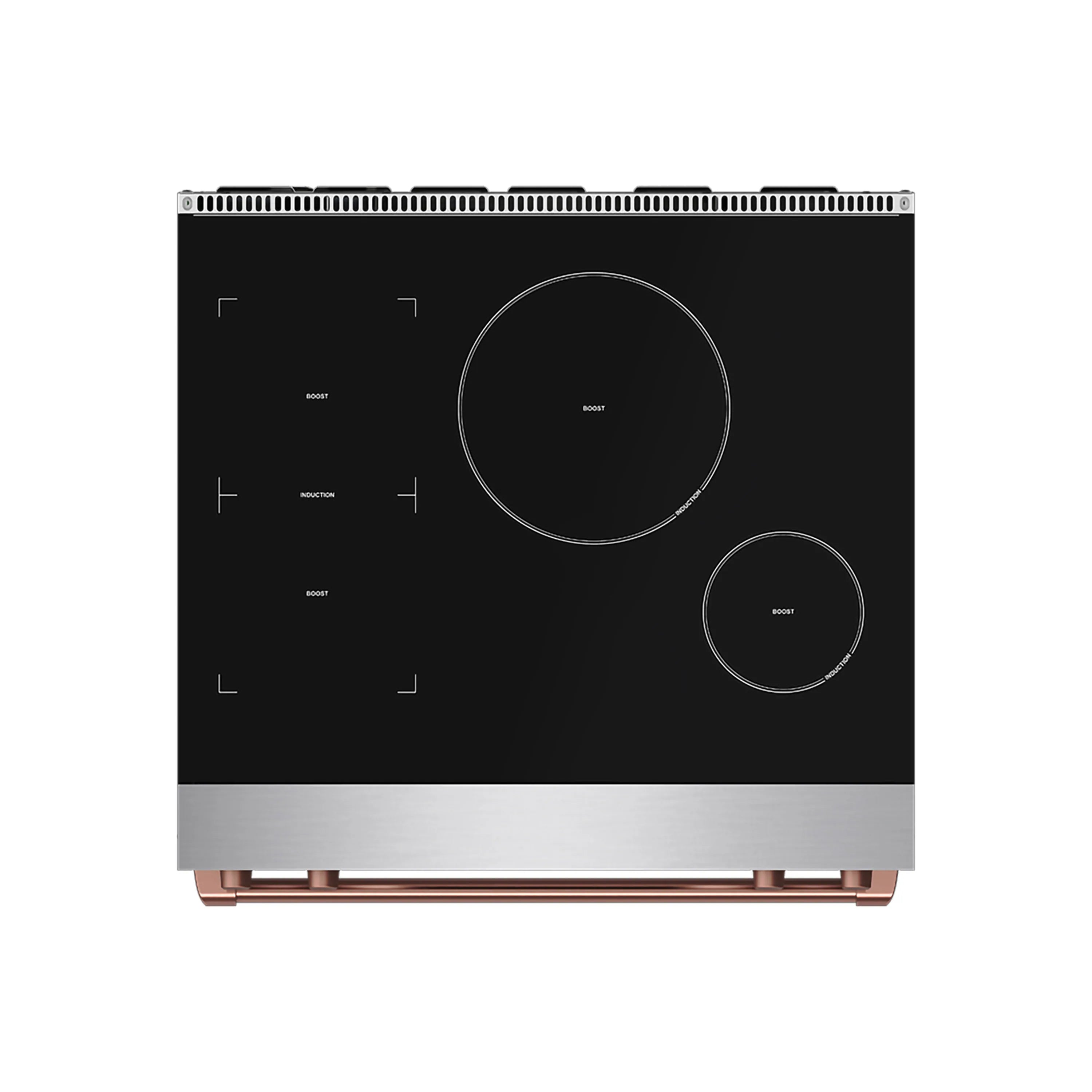 Stainless steel induction cooktop with two burner zones and minimal knob-free controls