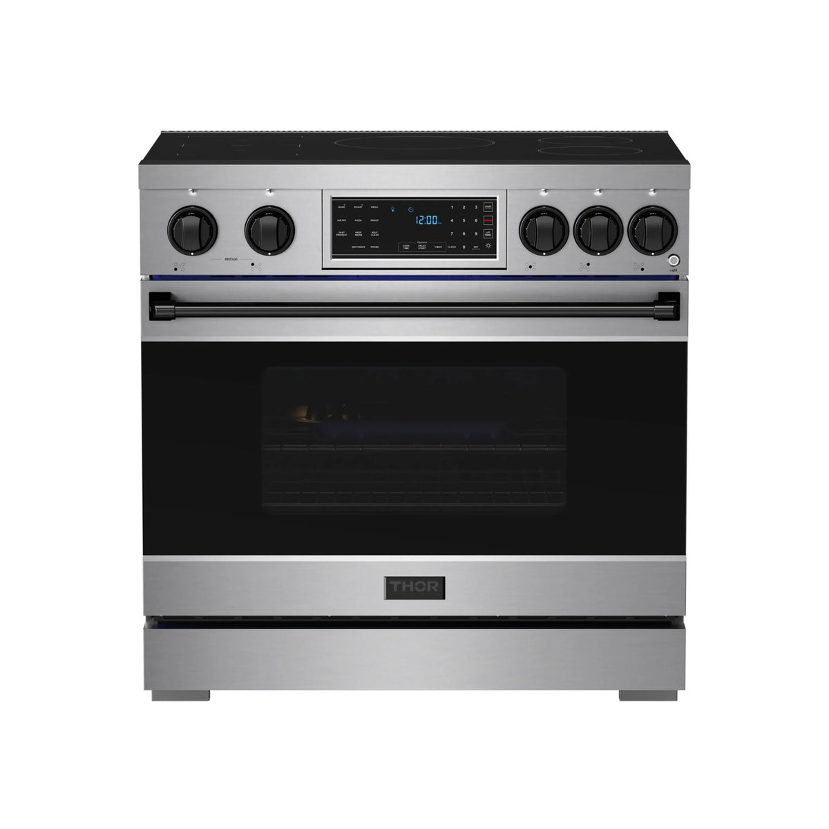 Induction range front with black oven door window and stainless control panel