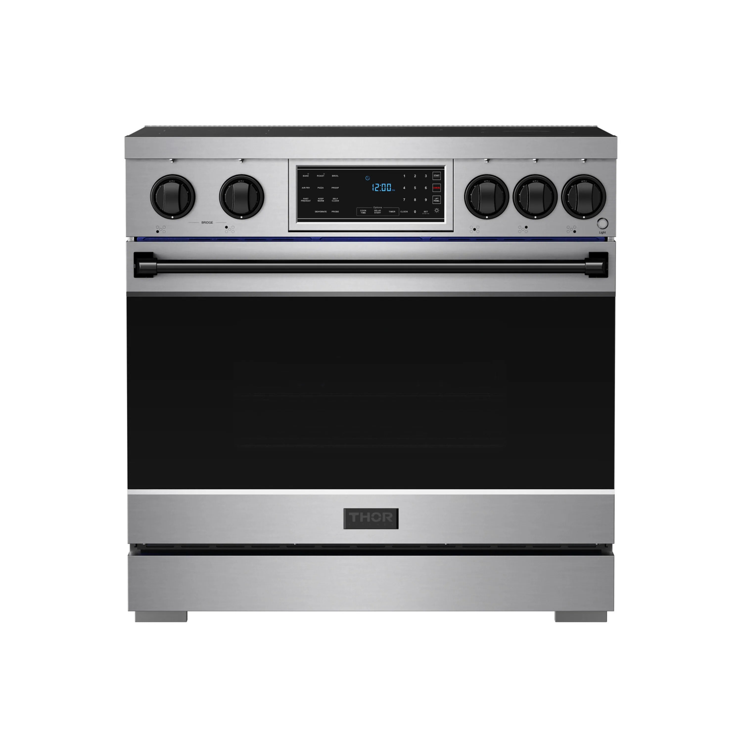 Stainless steel induction range front view with black oven door and touch display