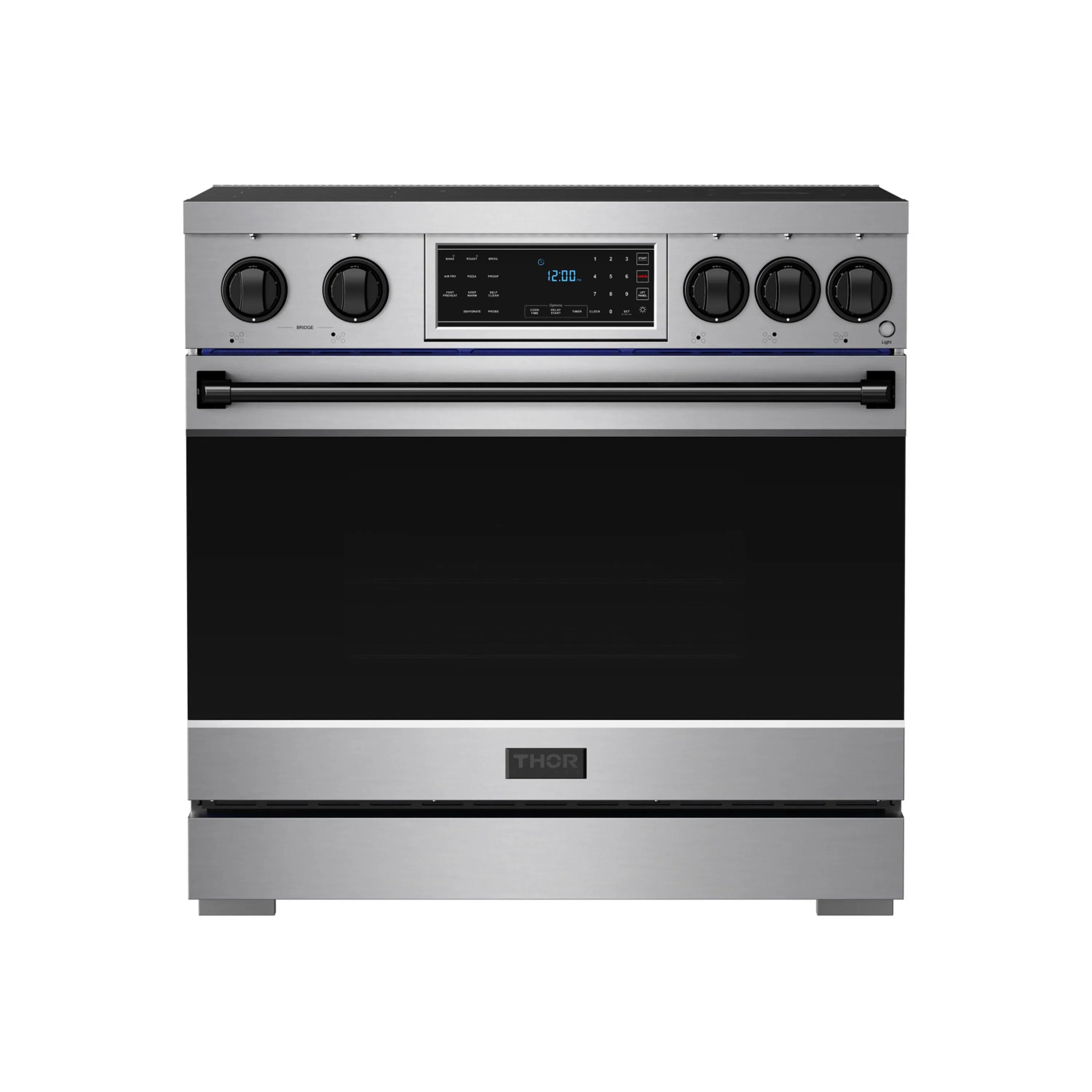 36-inch induction range with black glass cooktop and stainless control panel, front view