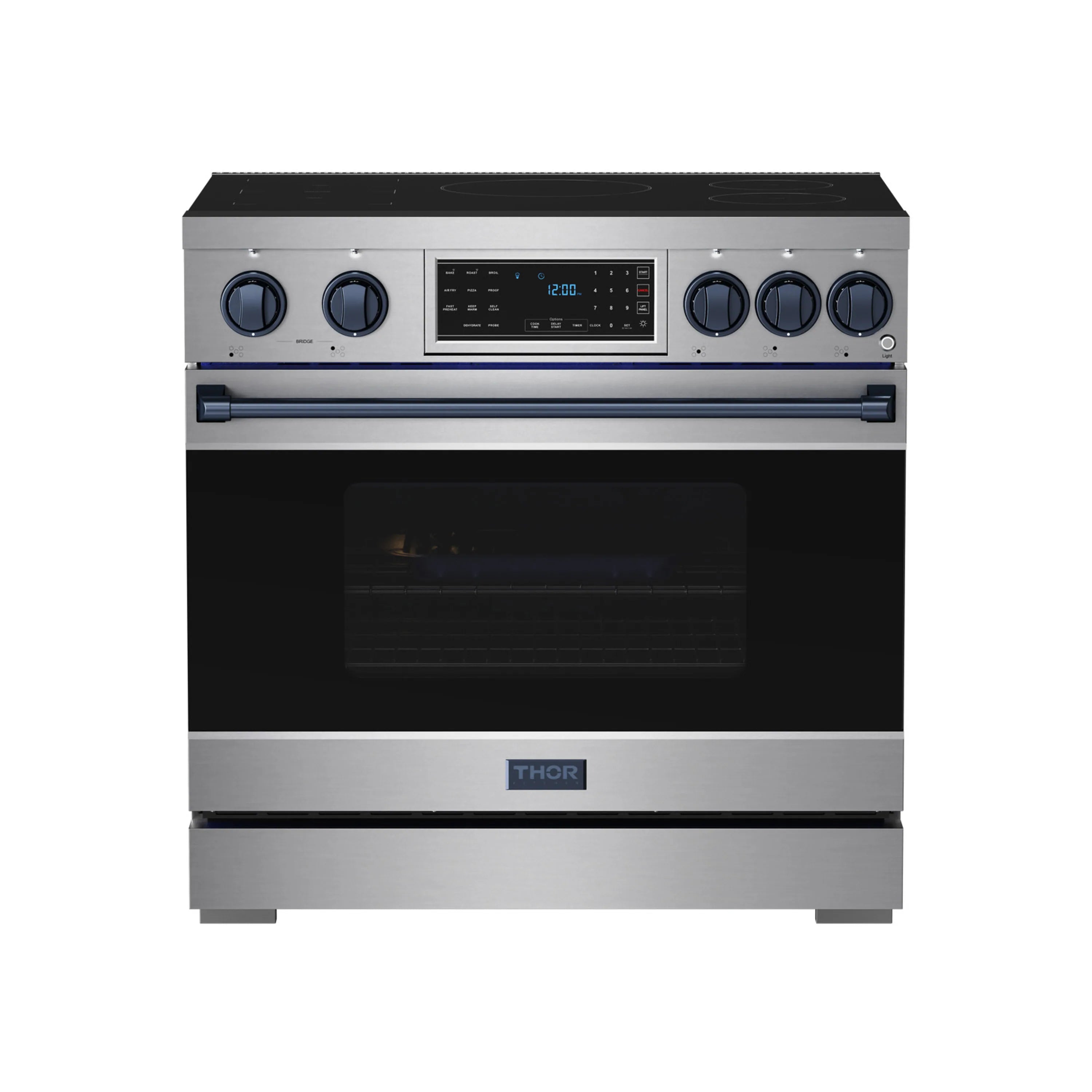 Stainless induction range with open oven door and blue-trim control panel