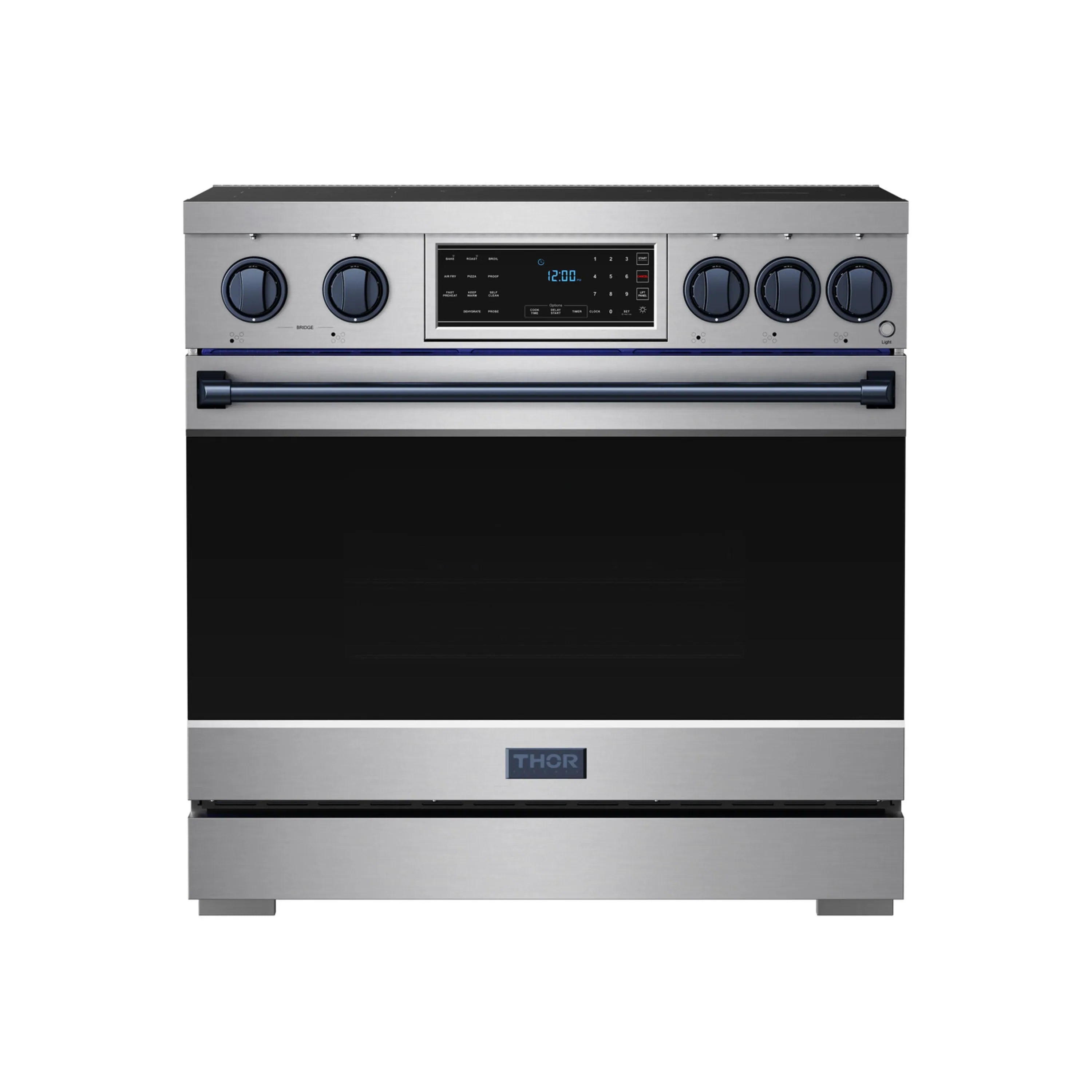 Stainless steel induction range with black glass cooktop and control panel, front view