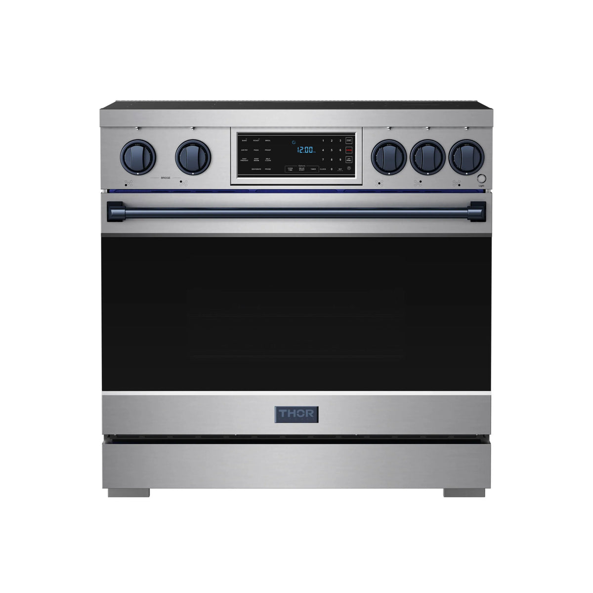 Stainless induction range with blue-trim control panel and black glass oven door