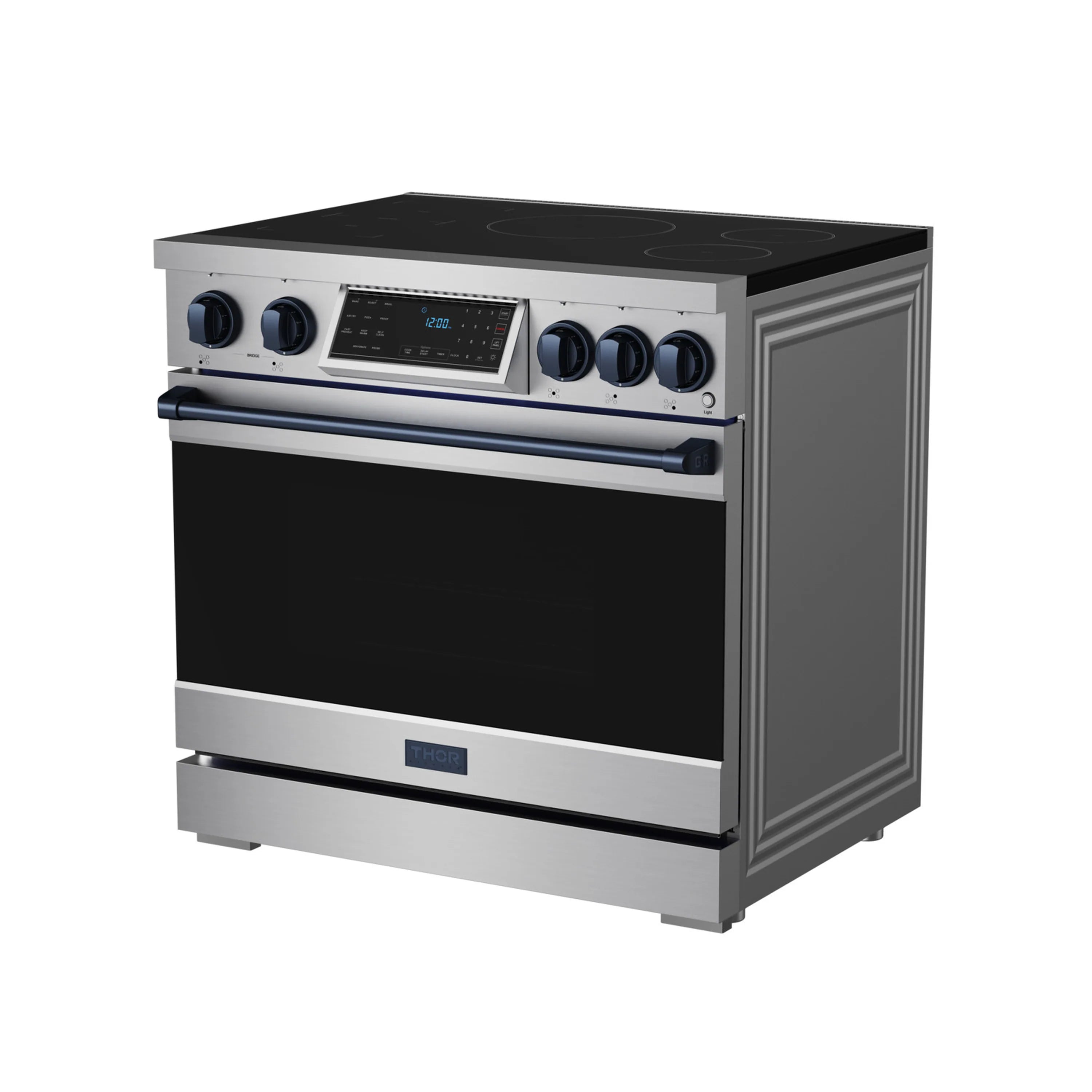 Stainless induction range with black glass door and blue accent strip on handle