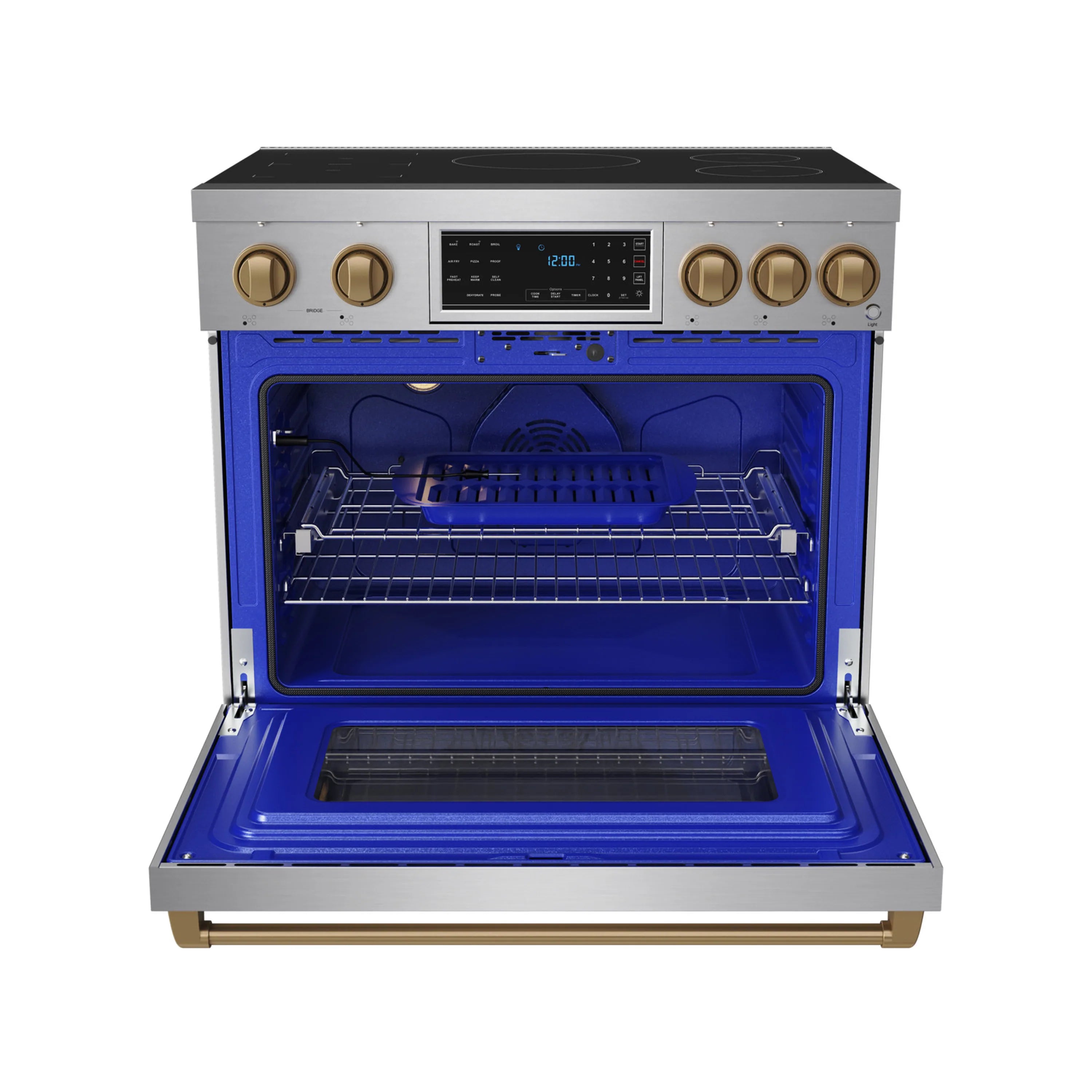 Stainless steel induction range with open oven door, blue interior, and bronze control knobs