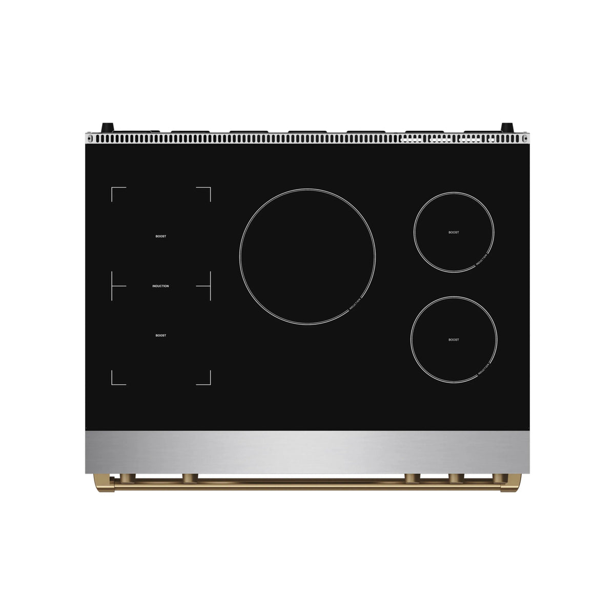 Induction cooktop with black glass, round burner zones, and minimal control marks