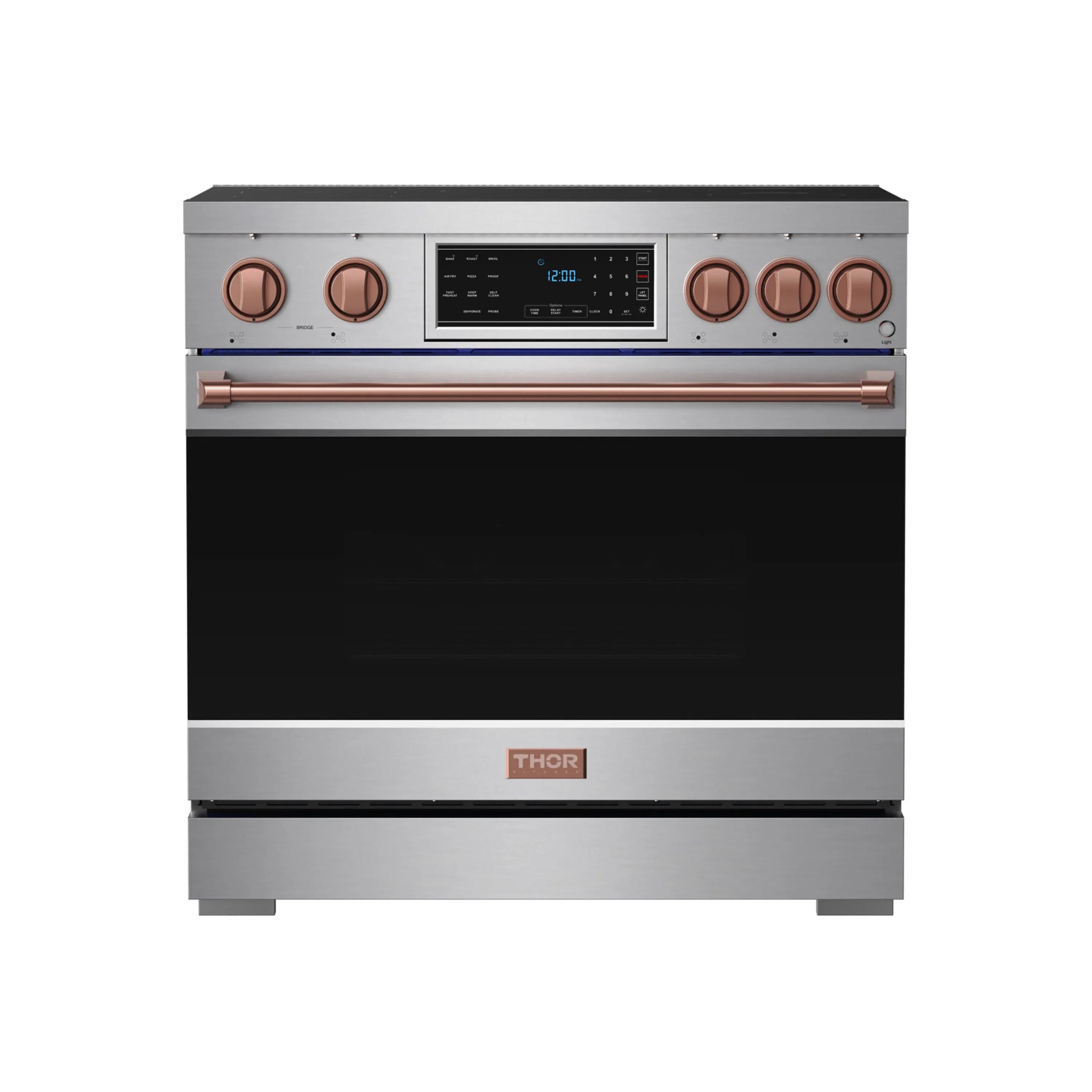 36-inch induction range with black glass cooktop and rose gold control accents