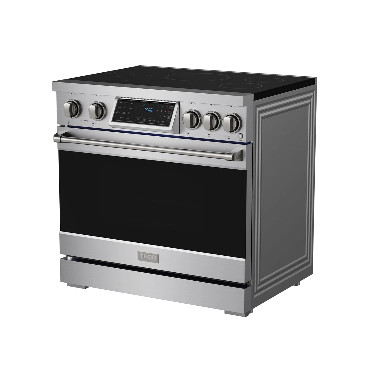 Stainless steel induction range with black cooktop and front control dials and display