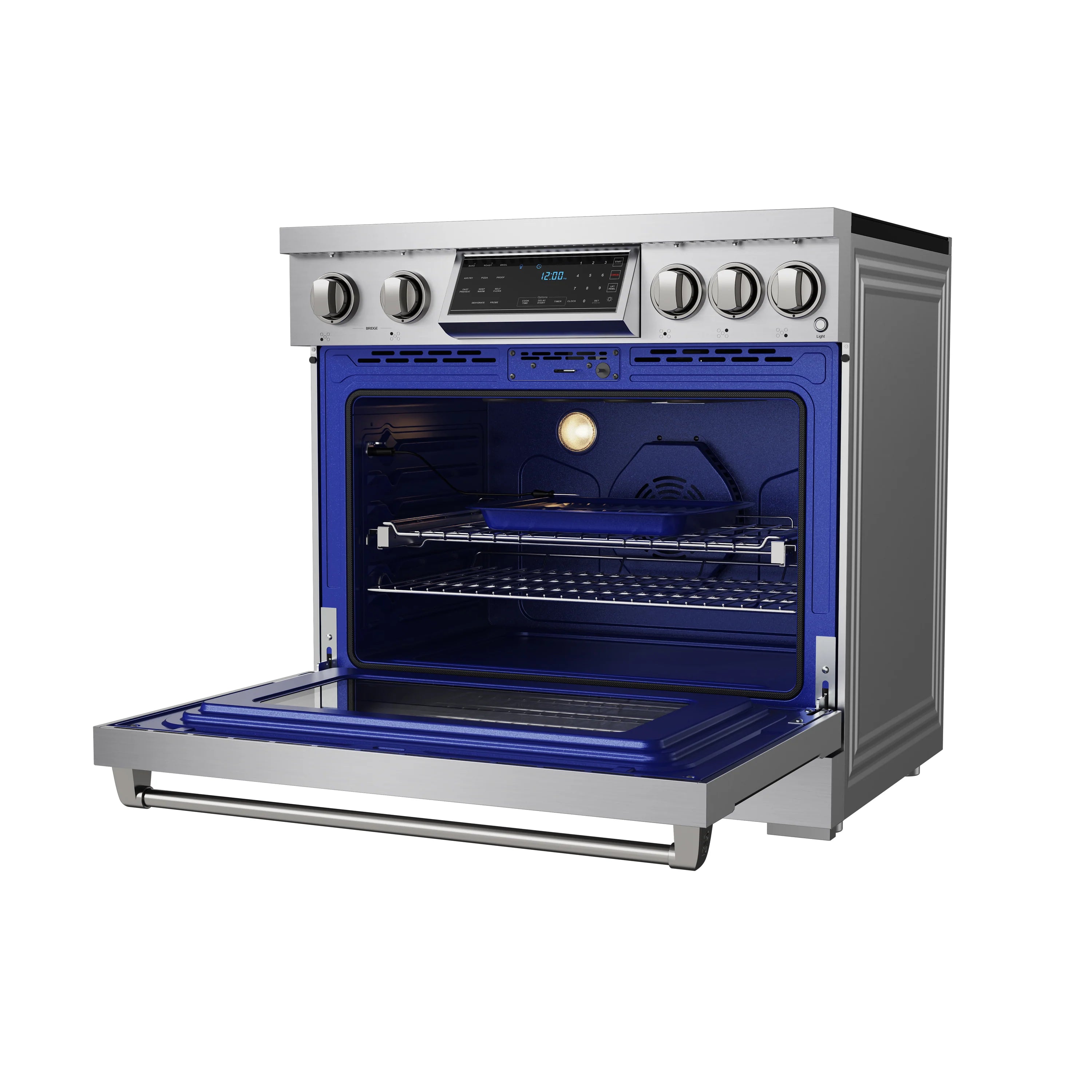 Induction range oven door open, showing blue interior liner, rack, and heating elements