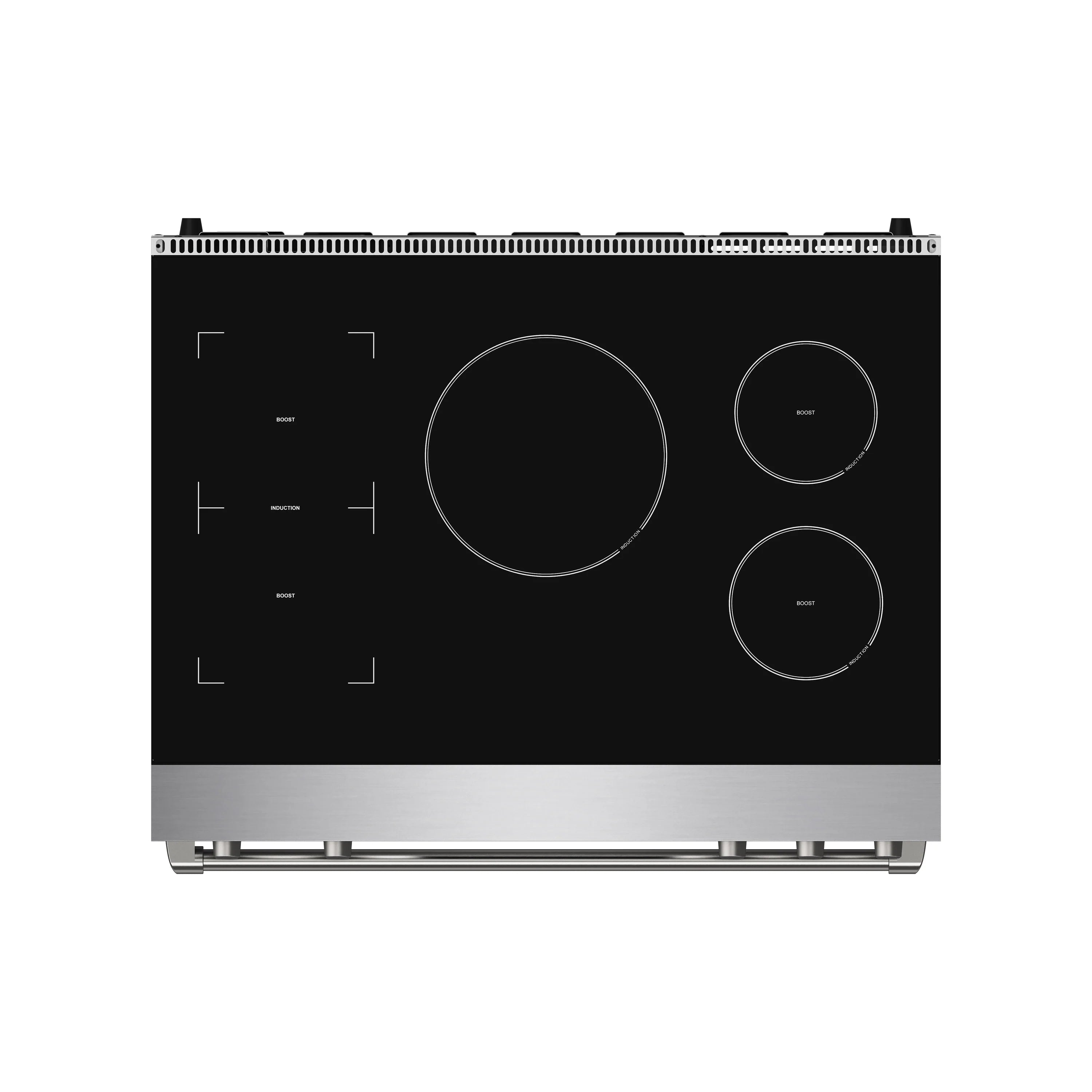 Black induction cooktop with four circular burner zones and stainless control edge