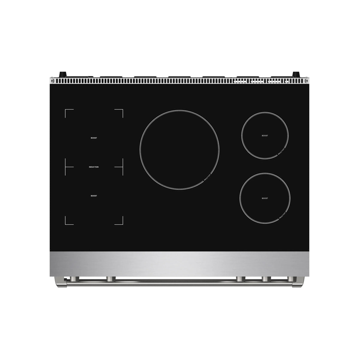 Black glass induction cooktop with circular burners and minimal control markings