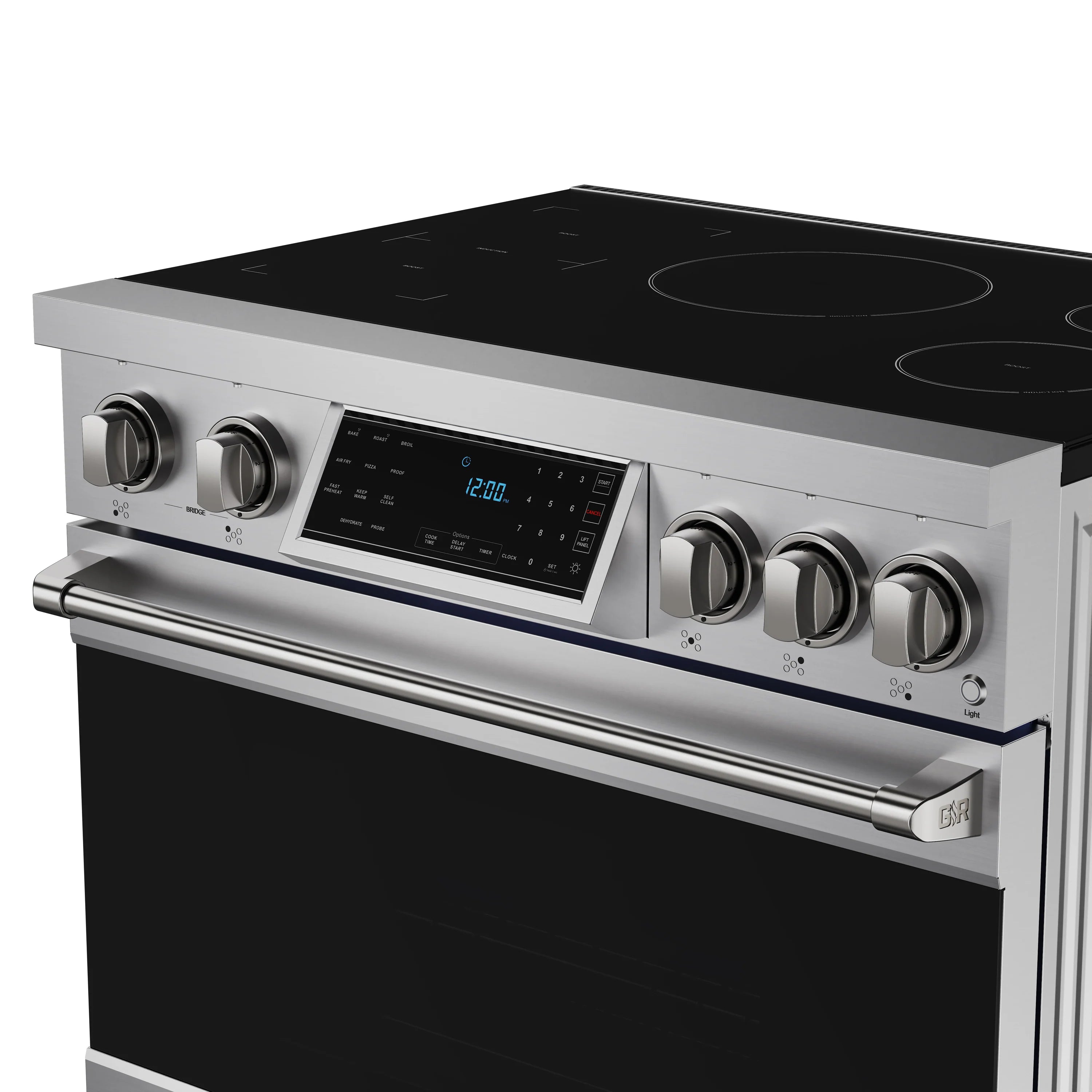 Stainless steel induction range with black glass cooktop and touch control panel