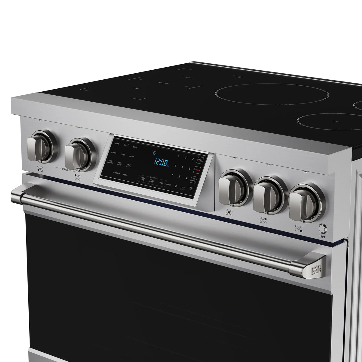 Induction range control panel with blue-lit display and rotary knobs.