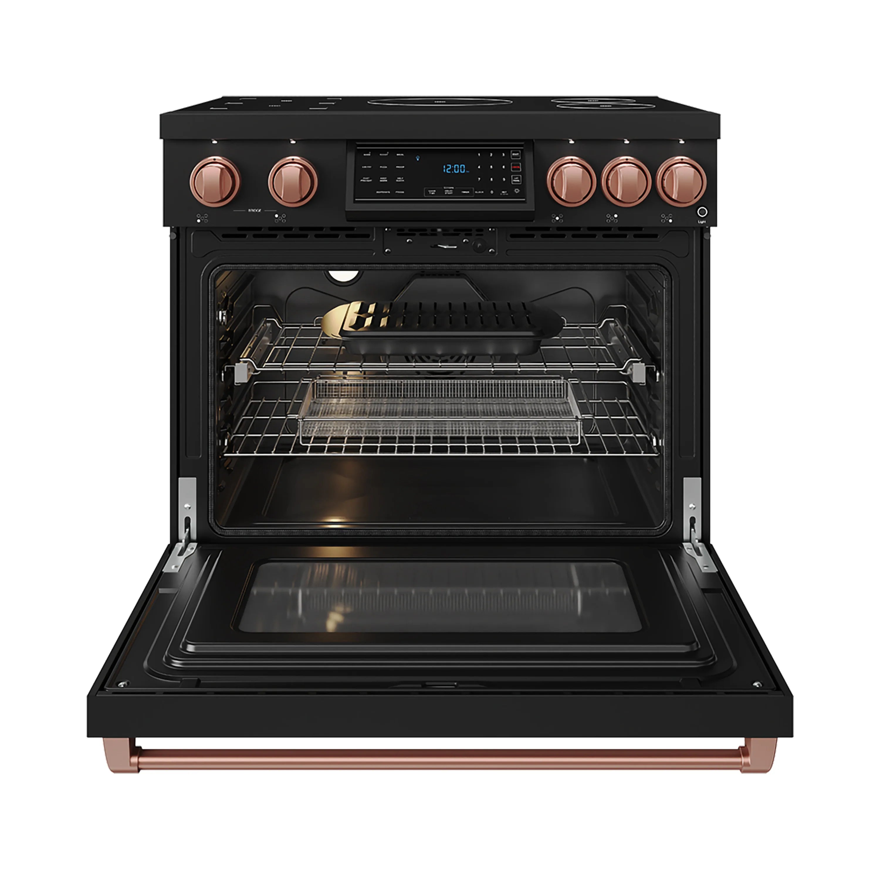 Black induction range with oven door open, racks inside, and rose gold trim; copper handle.