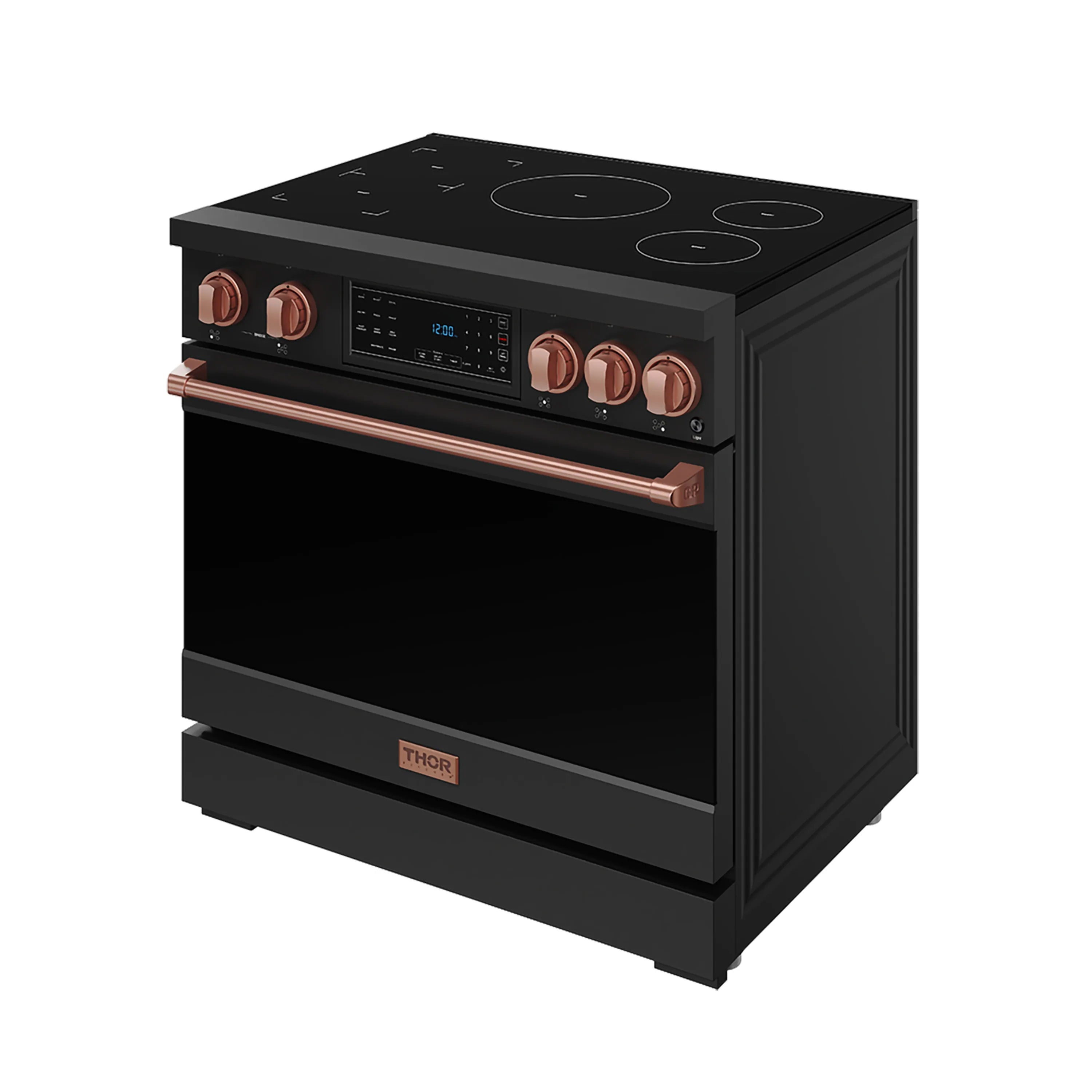 Black induction range angled view with rose gold control knobs and copper-toned handle bar.