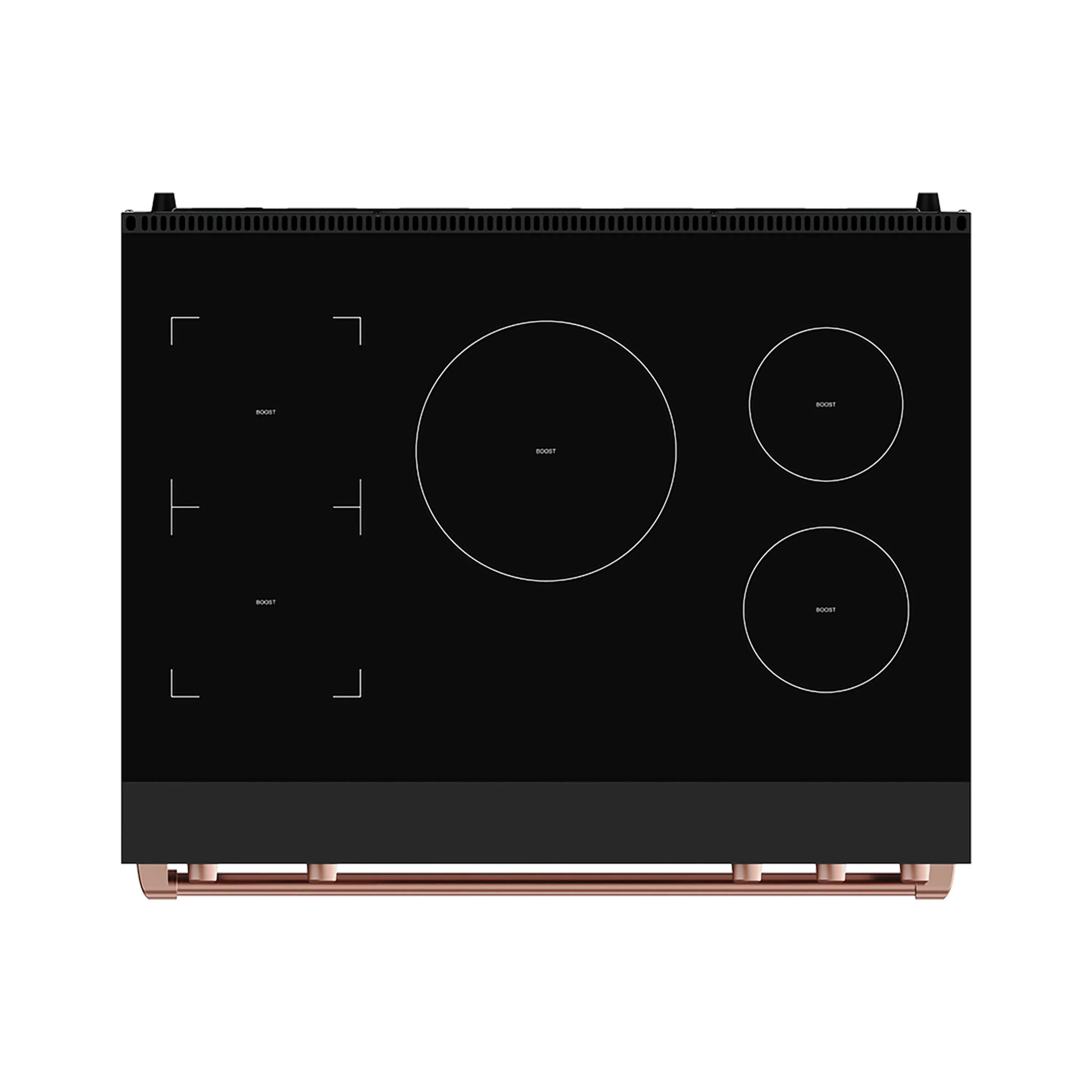 Black induction cooktop with four burner circles and control markings; rose gold trim along base.