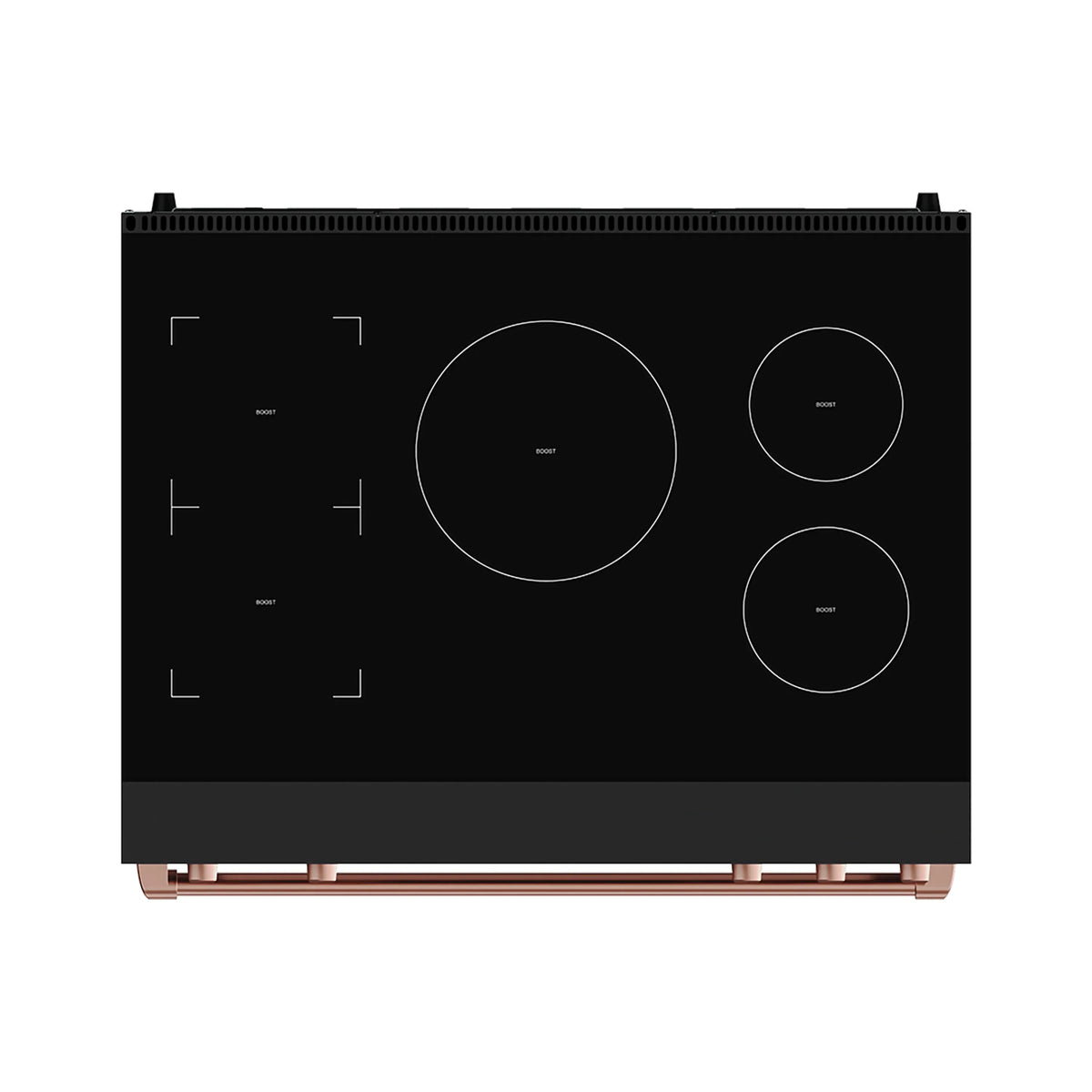 Black induction cooktop with four burner zones and minimal control icons