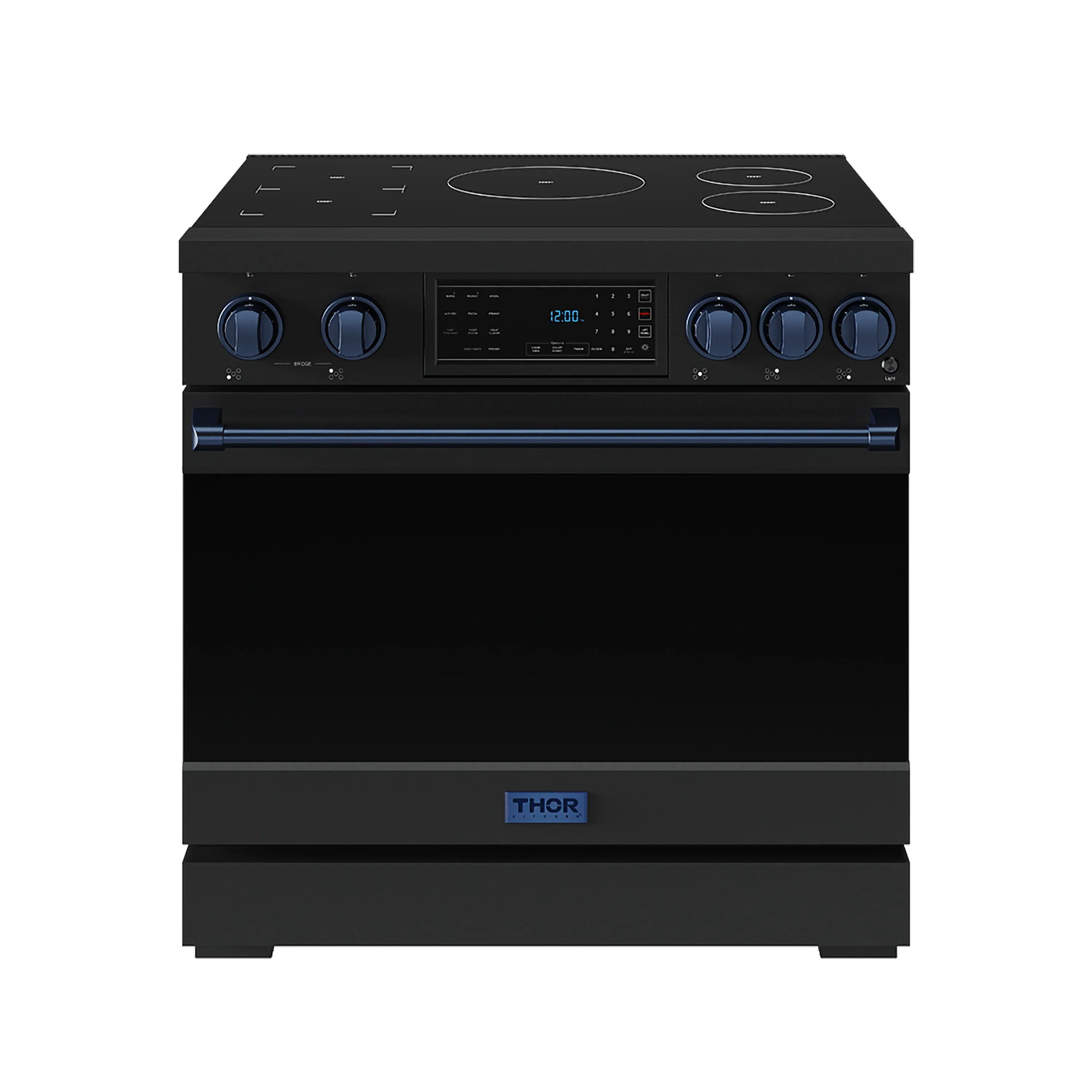 Black 36-inch induction range with blue trim, tilt touch controls, and five-zone cooktop