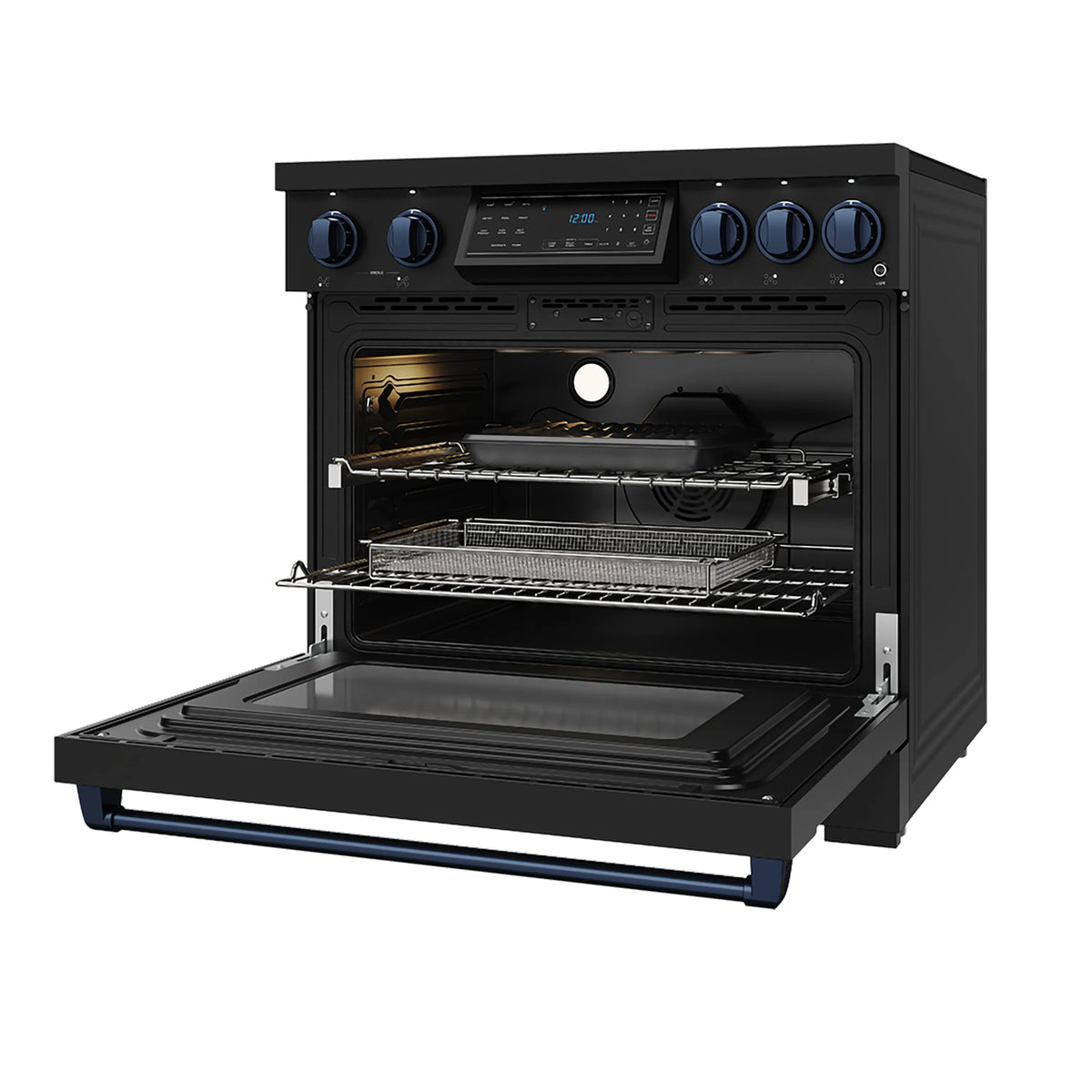Black oven interior view with bake rack and wire shelves, induction range open
