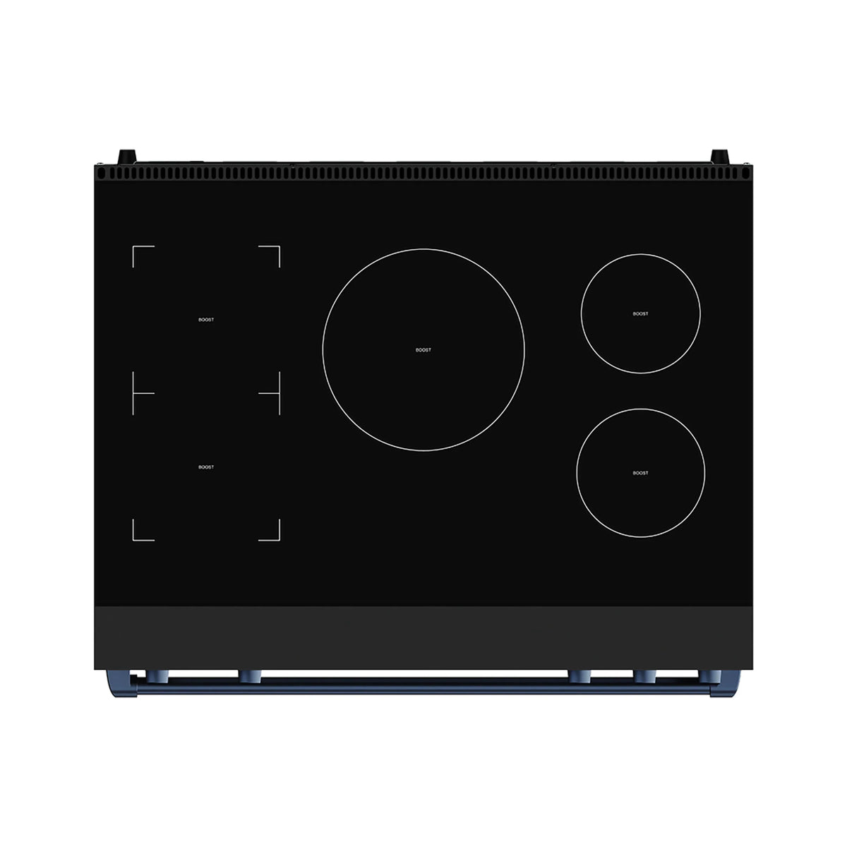 Black induction cooktop top view with four circular burner zones and control icons