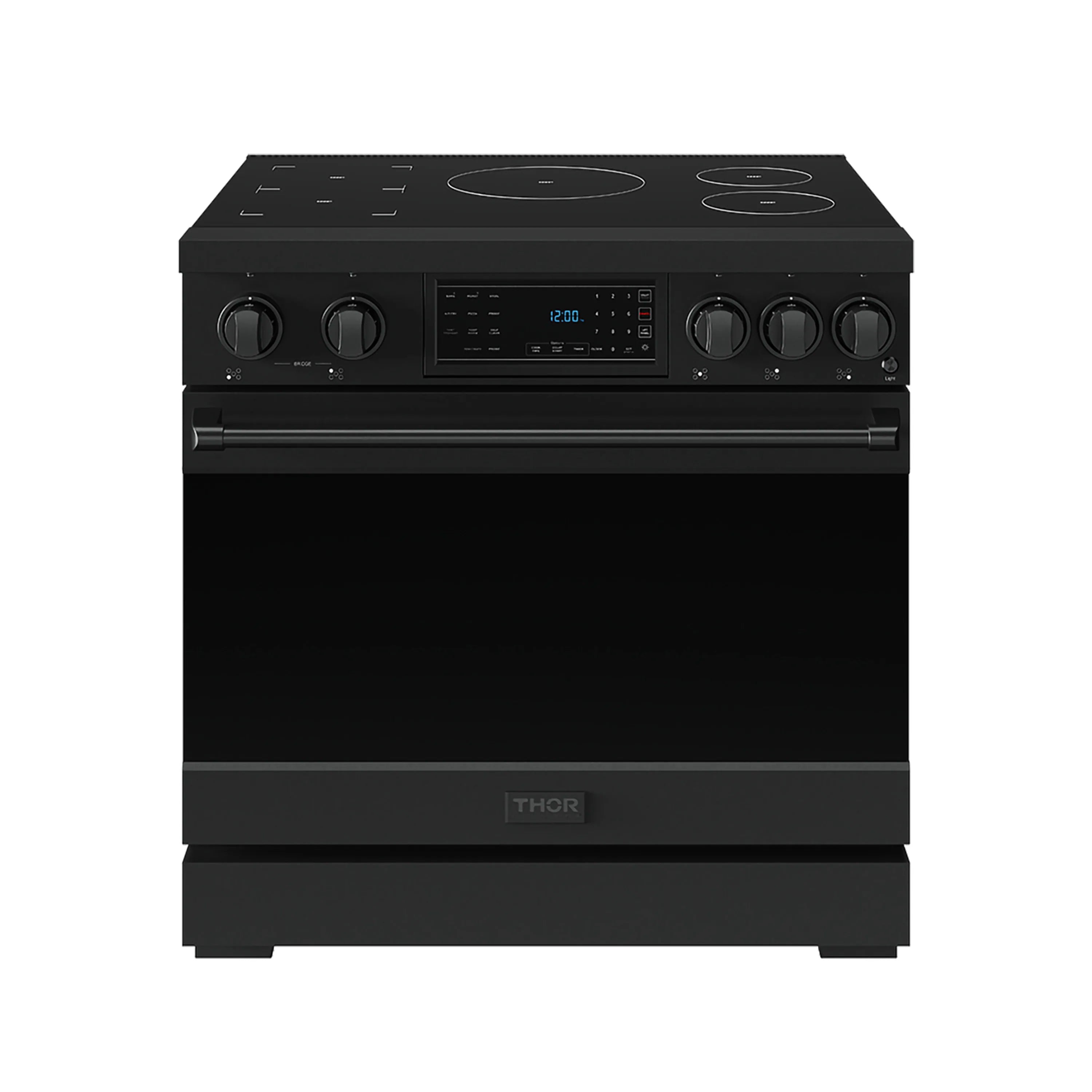 Black 36-inch induction range front view with touch controls and four cooktop knobs