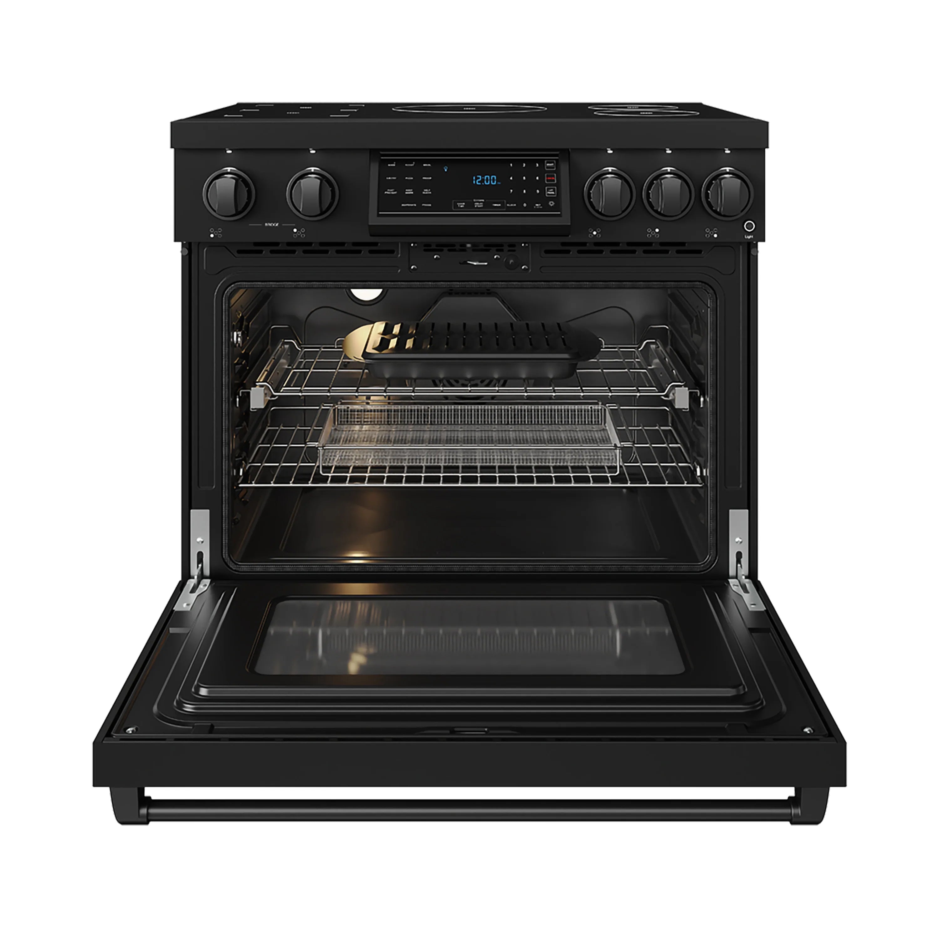 Black induction range oven cavity with upper broil area, racks, and door opened