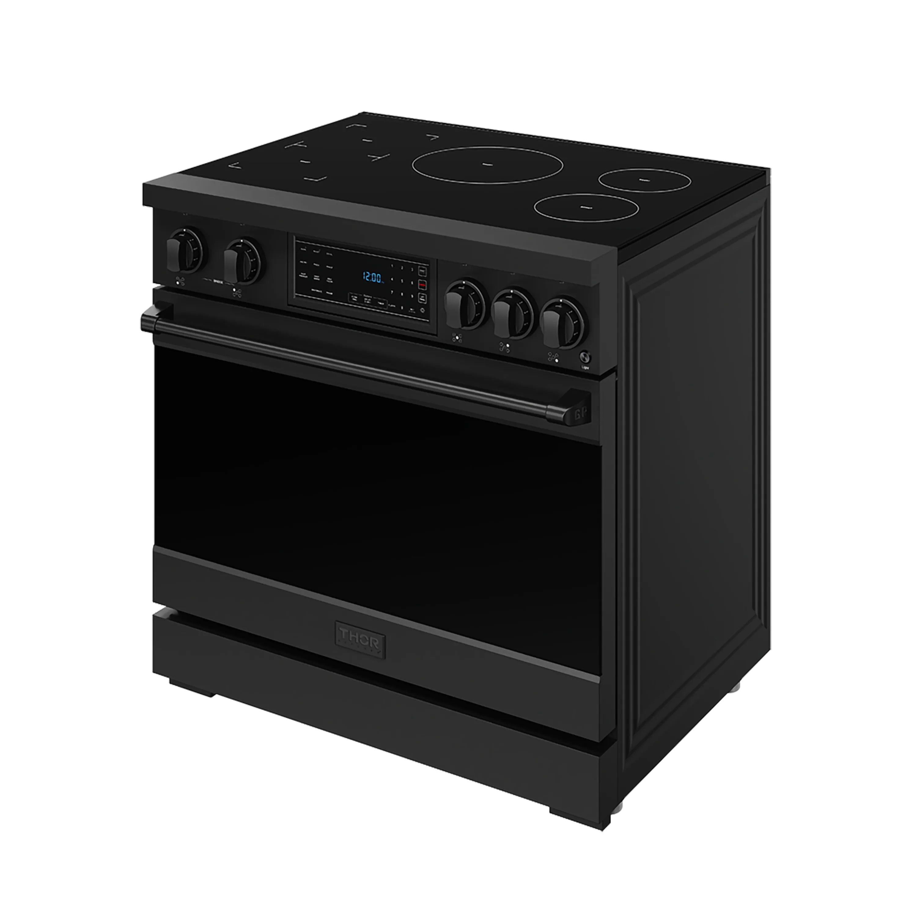 Black 36-inch professional induction range with tilt panel touch controls and oven door