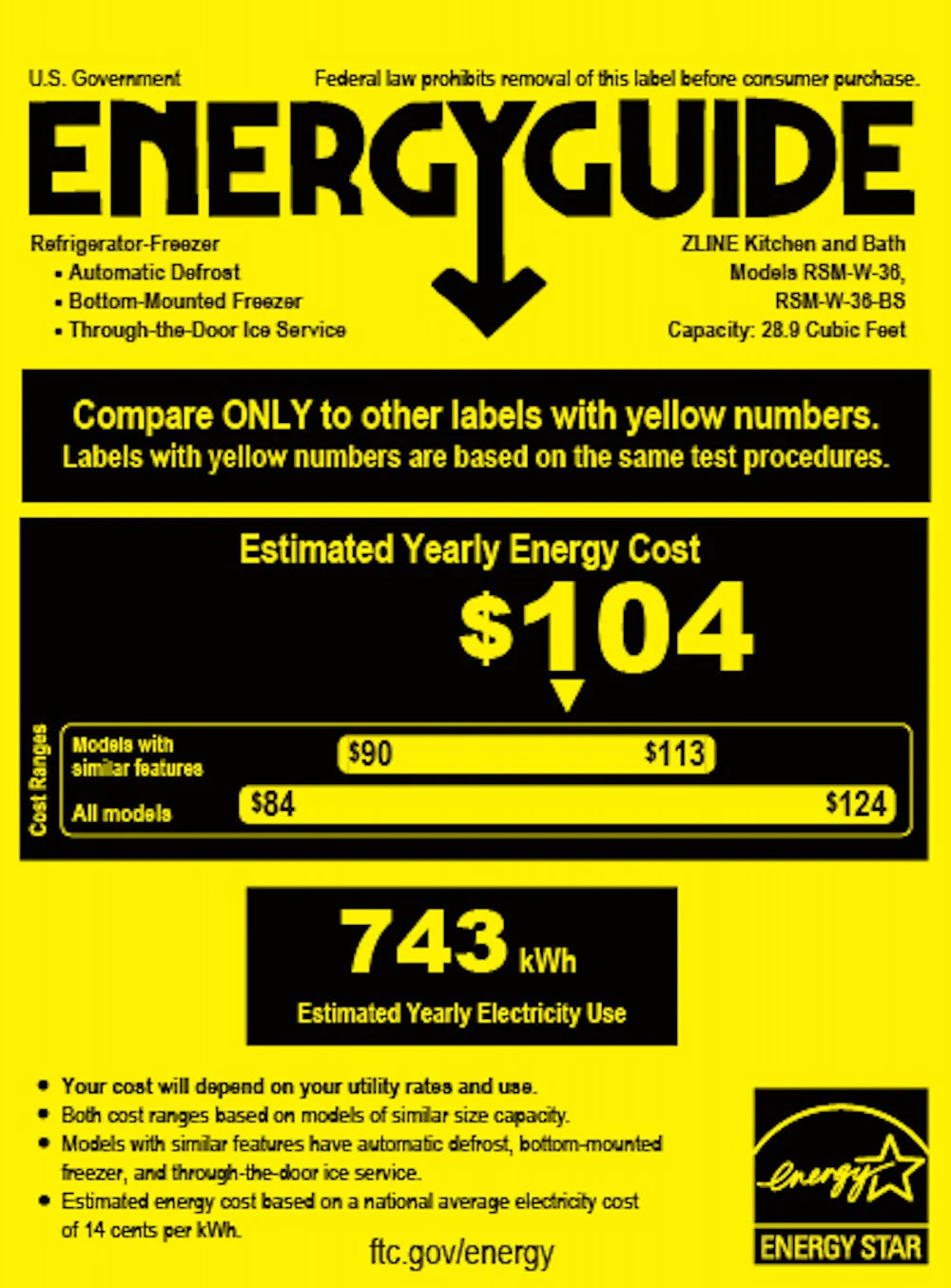 ENERGY GUIDE label for a refrigerator with estimated yearly energy cost
