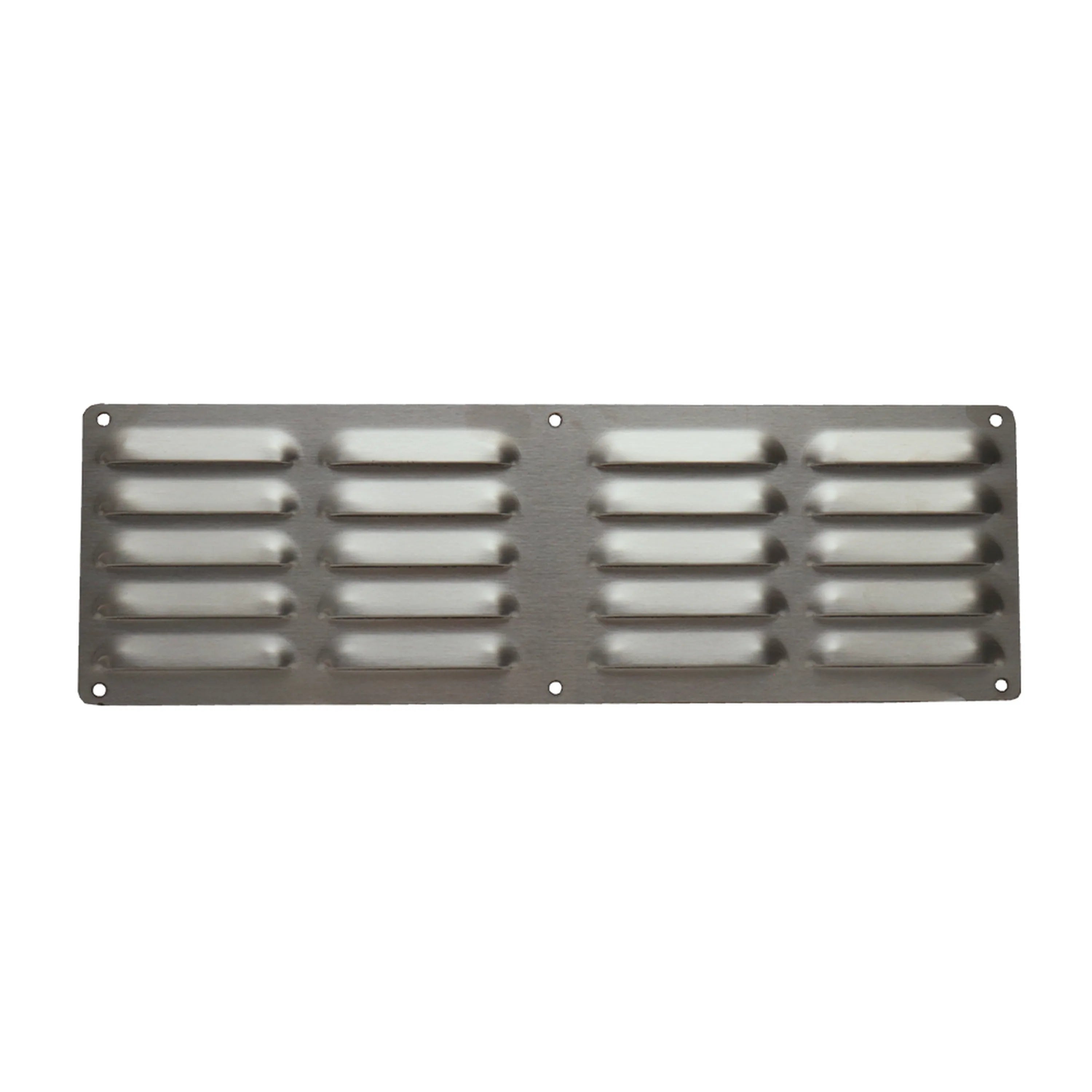 Stainless steel vent cover with evenly spaced rectangular louver openings on panel