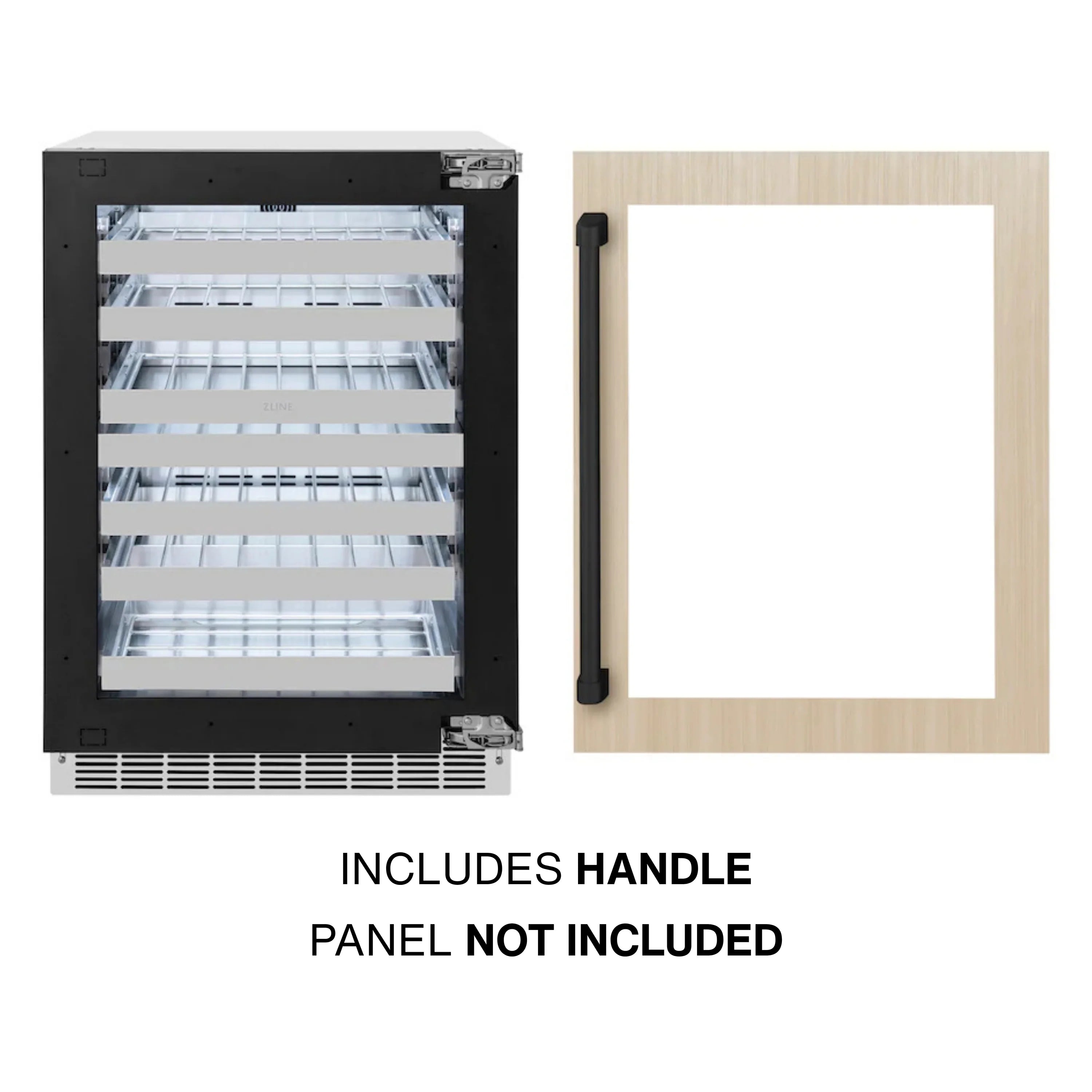 Wine cooler with included handle; panel not included, shown with mounting panel