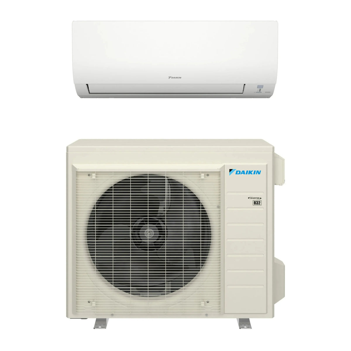 Ductless mini split set: white indoor wall unit and Daikin outdoor condenser