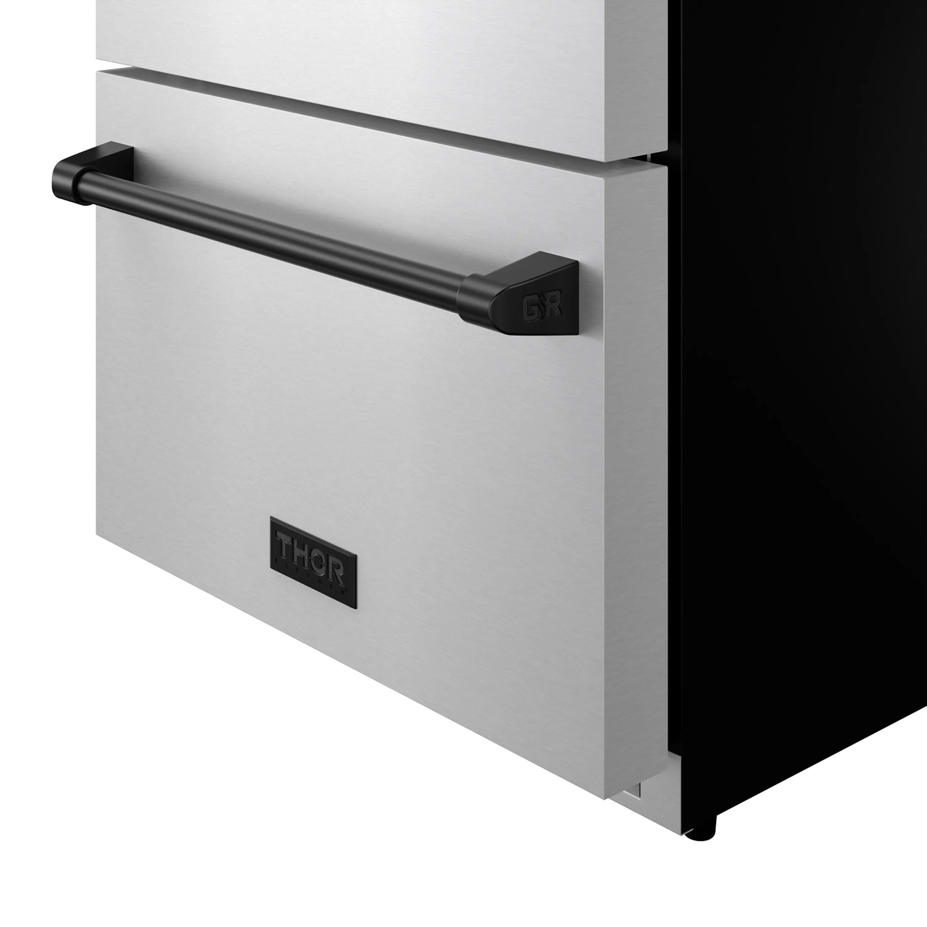 Stainless drawer freezer front with two black pull handles and THOR logo, black trim
