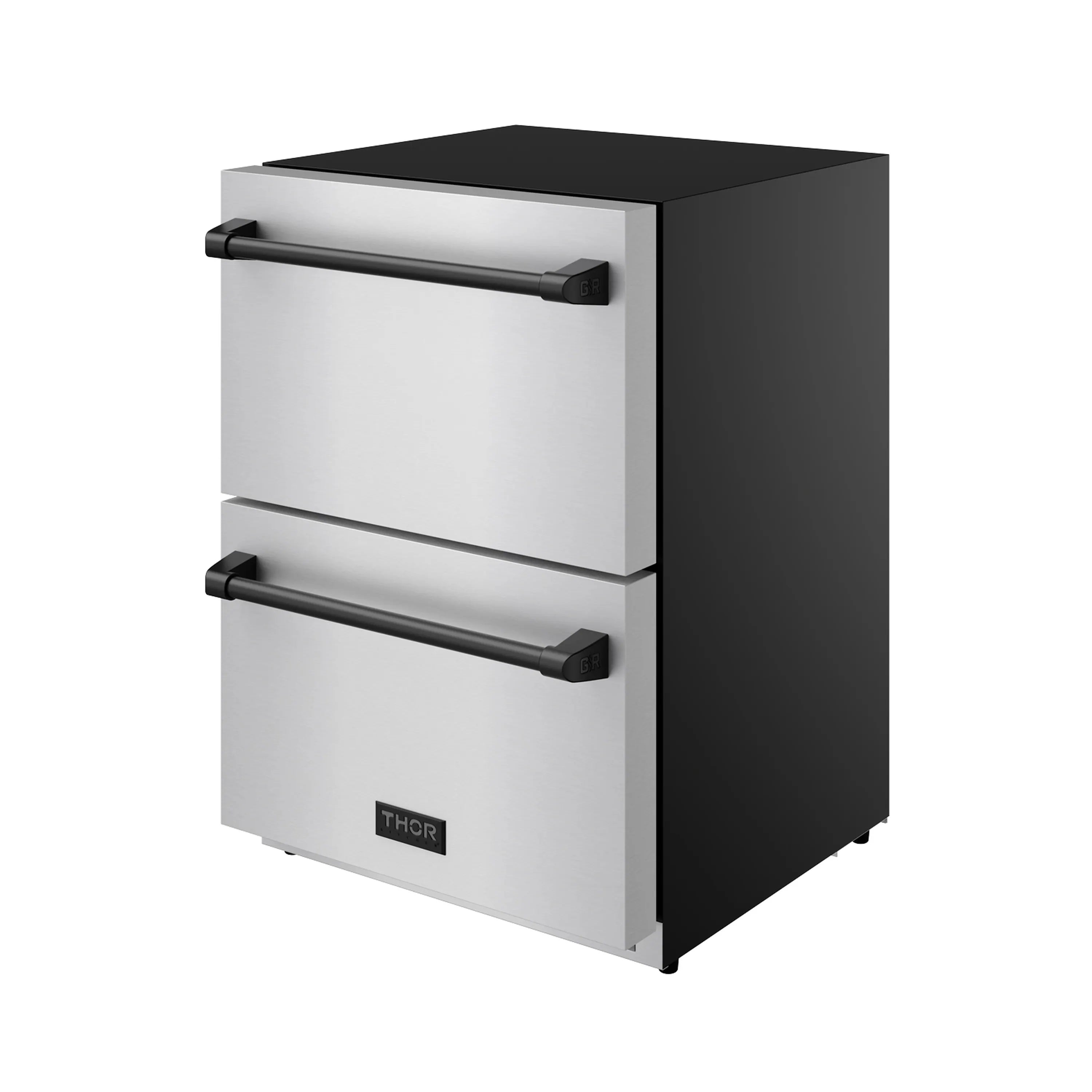 Stainless steel drawer freezer with black trim and two horizontal pull handles