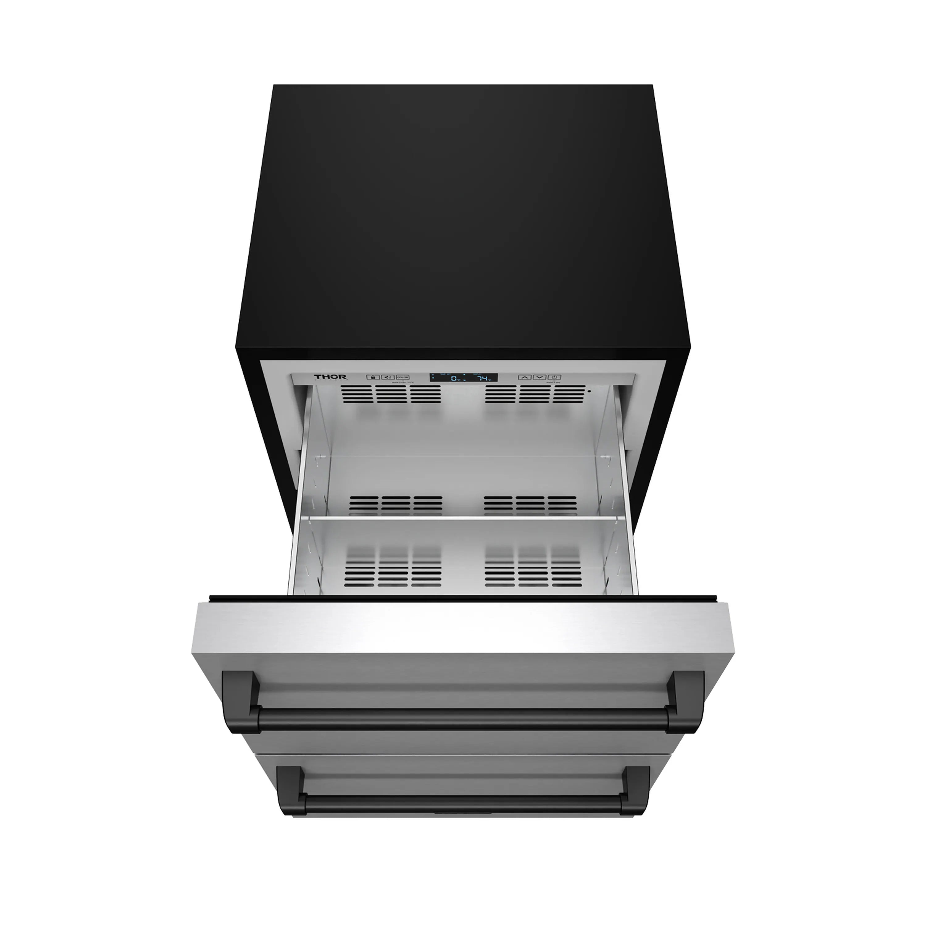 Stainless drawer freezer with front drawers removed, black housing, vented interior