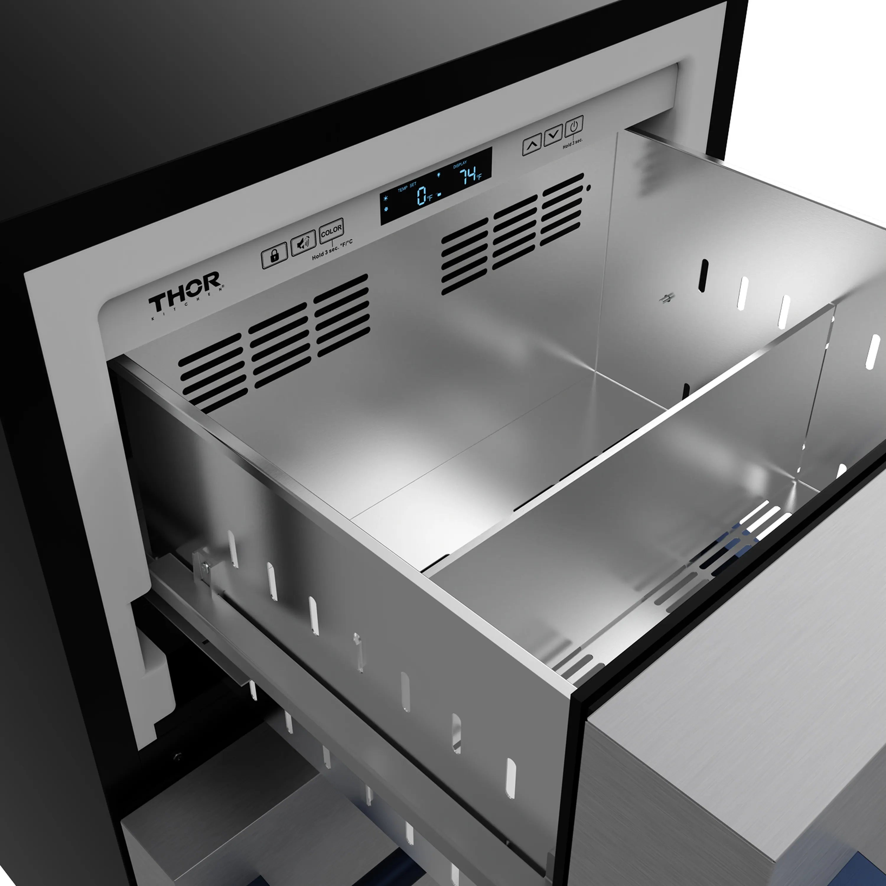 Stainless drawer freezer interior with shelves, vents, and control panel