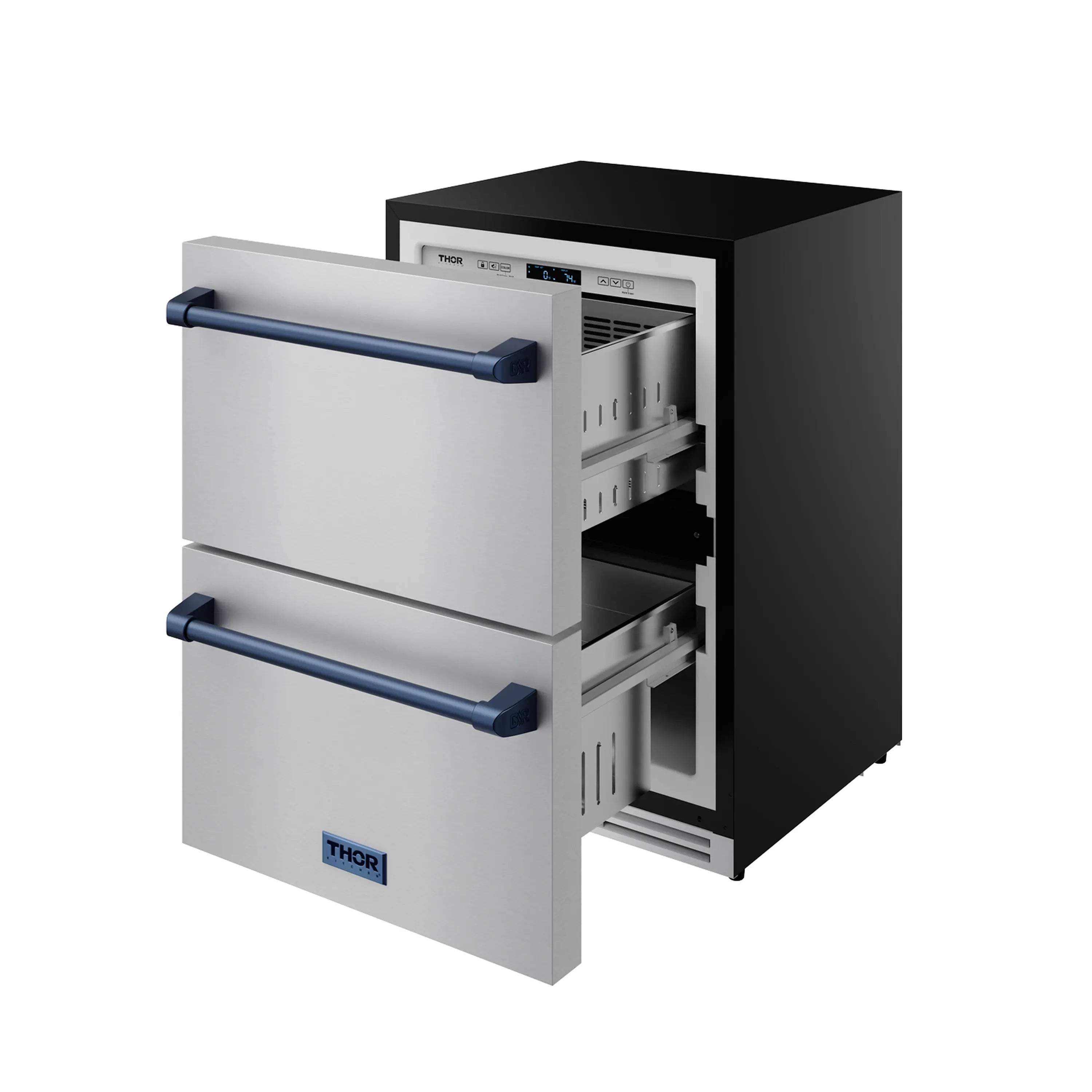 24-inch drawer freezer in stainless steel with blue trim and dual drawer handles