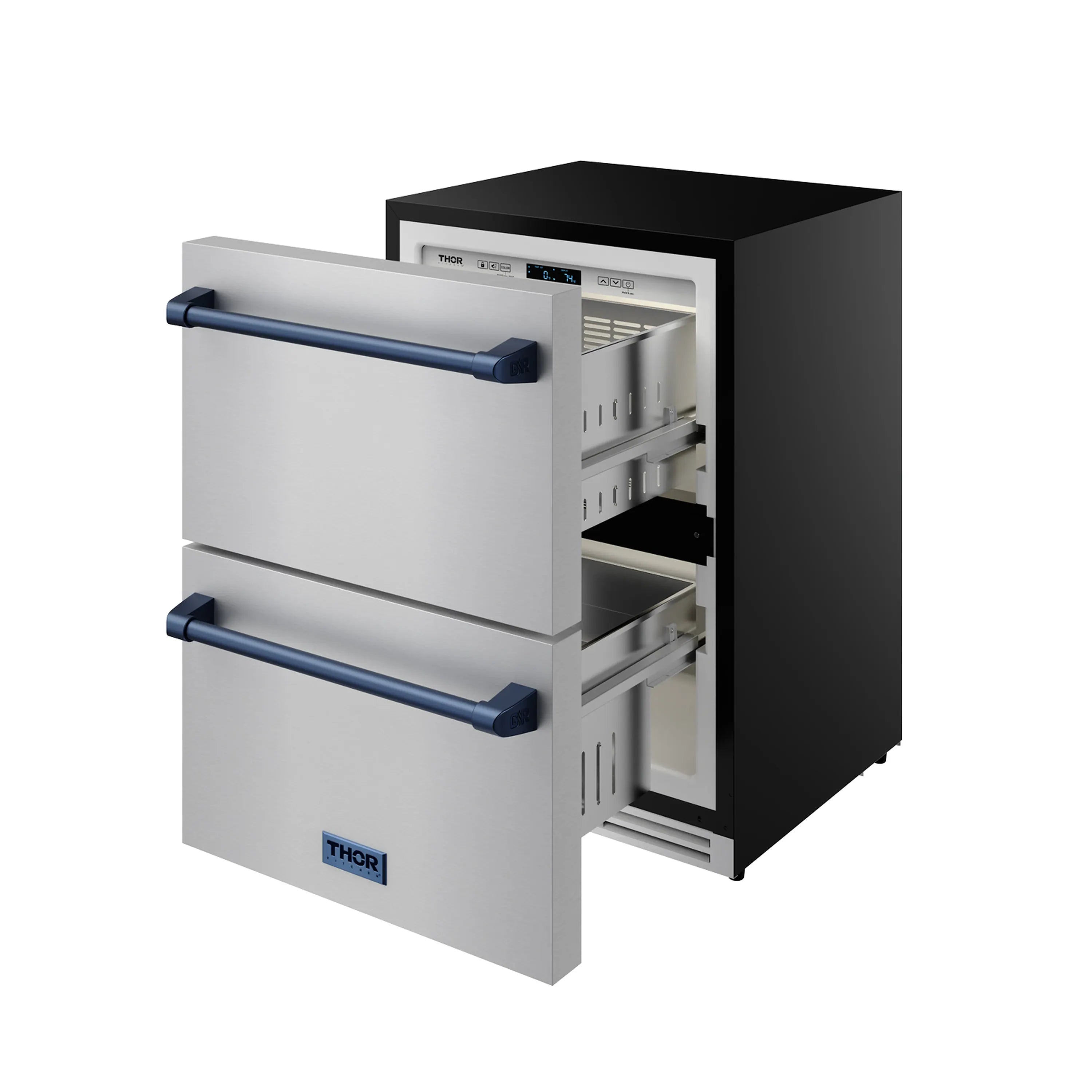24-inch drawer freezer in stainless steel with blue handle bars and open drawers