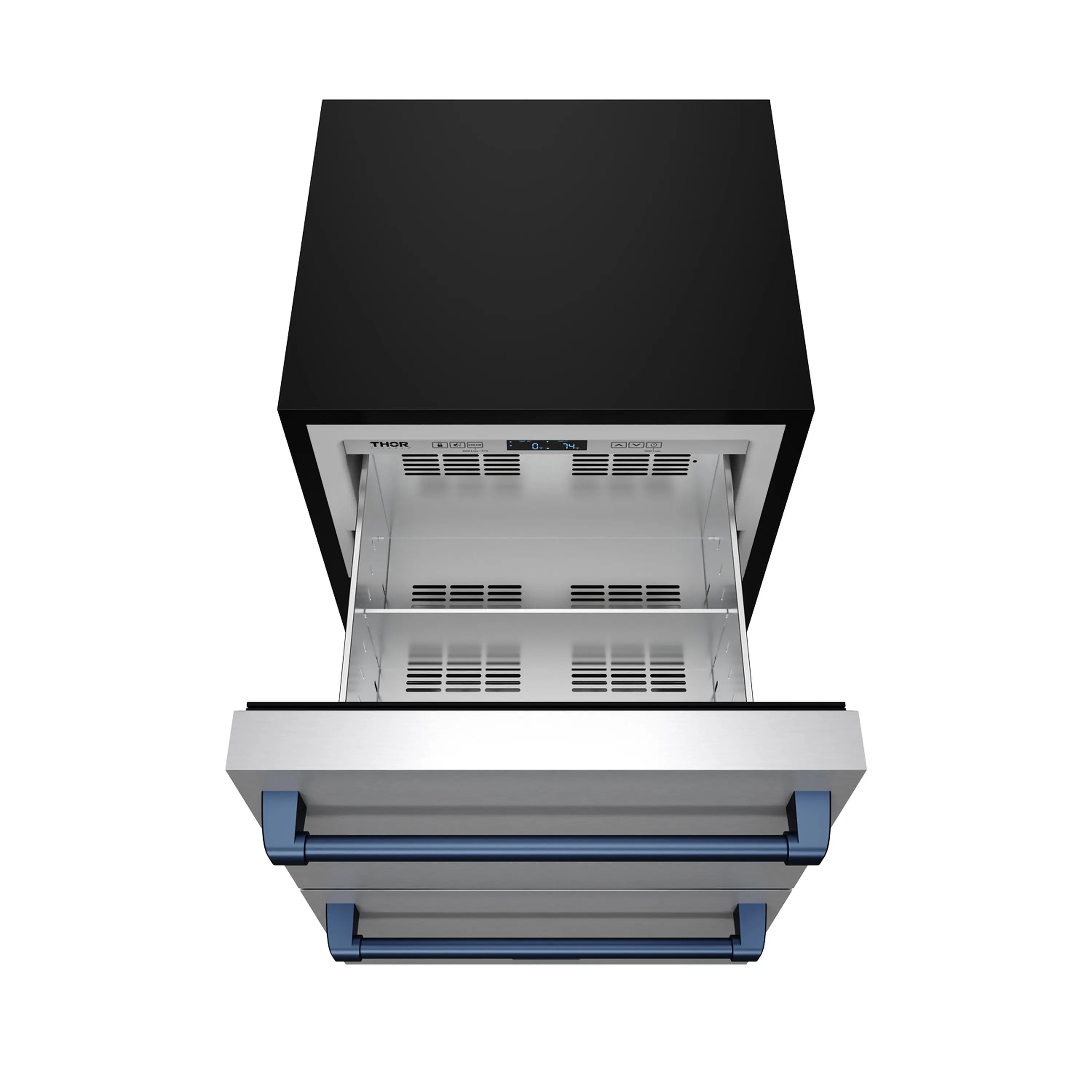 Drawer freezer with open drawers showing vented stainless interior and blue handle bar