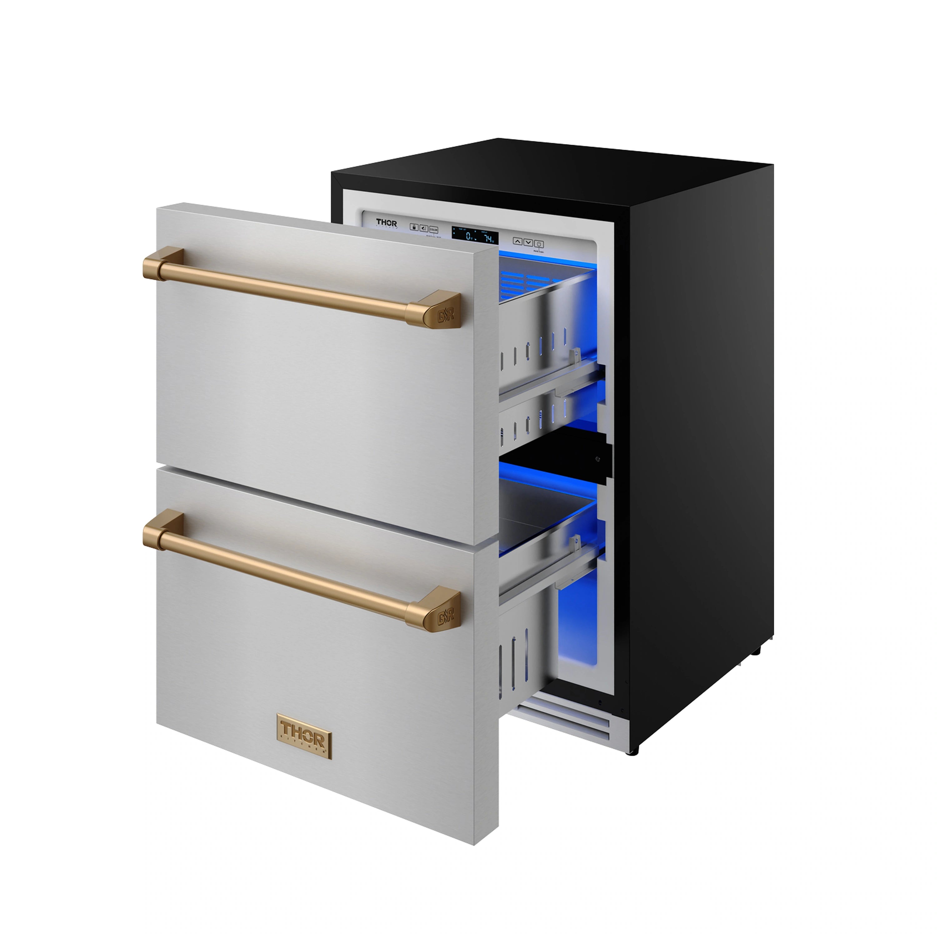 Drawer freezer with open compartments and blue light display inside