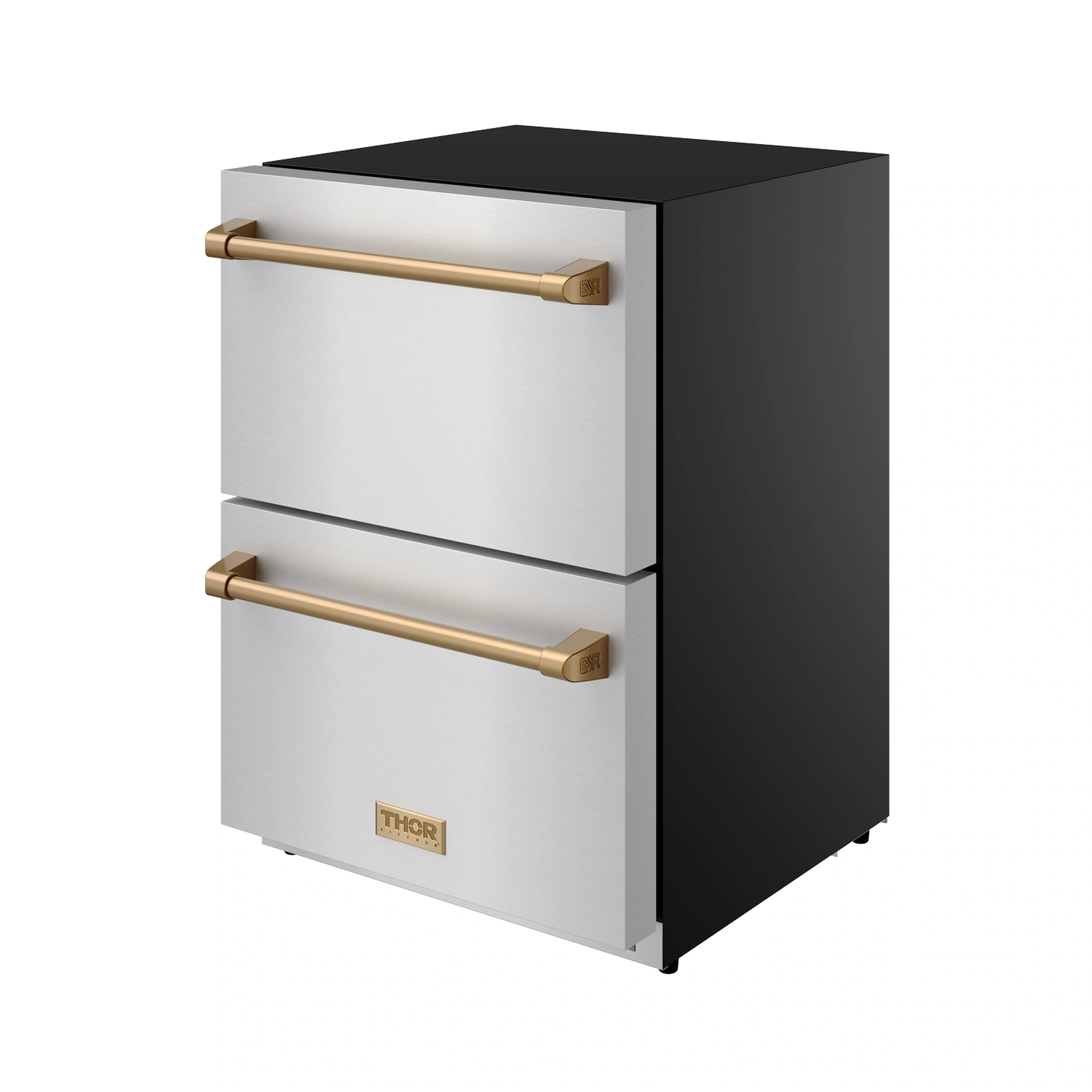 Freestanding drawer freezer with stainless front, bronze handles, and black top