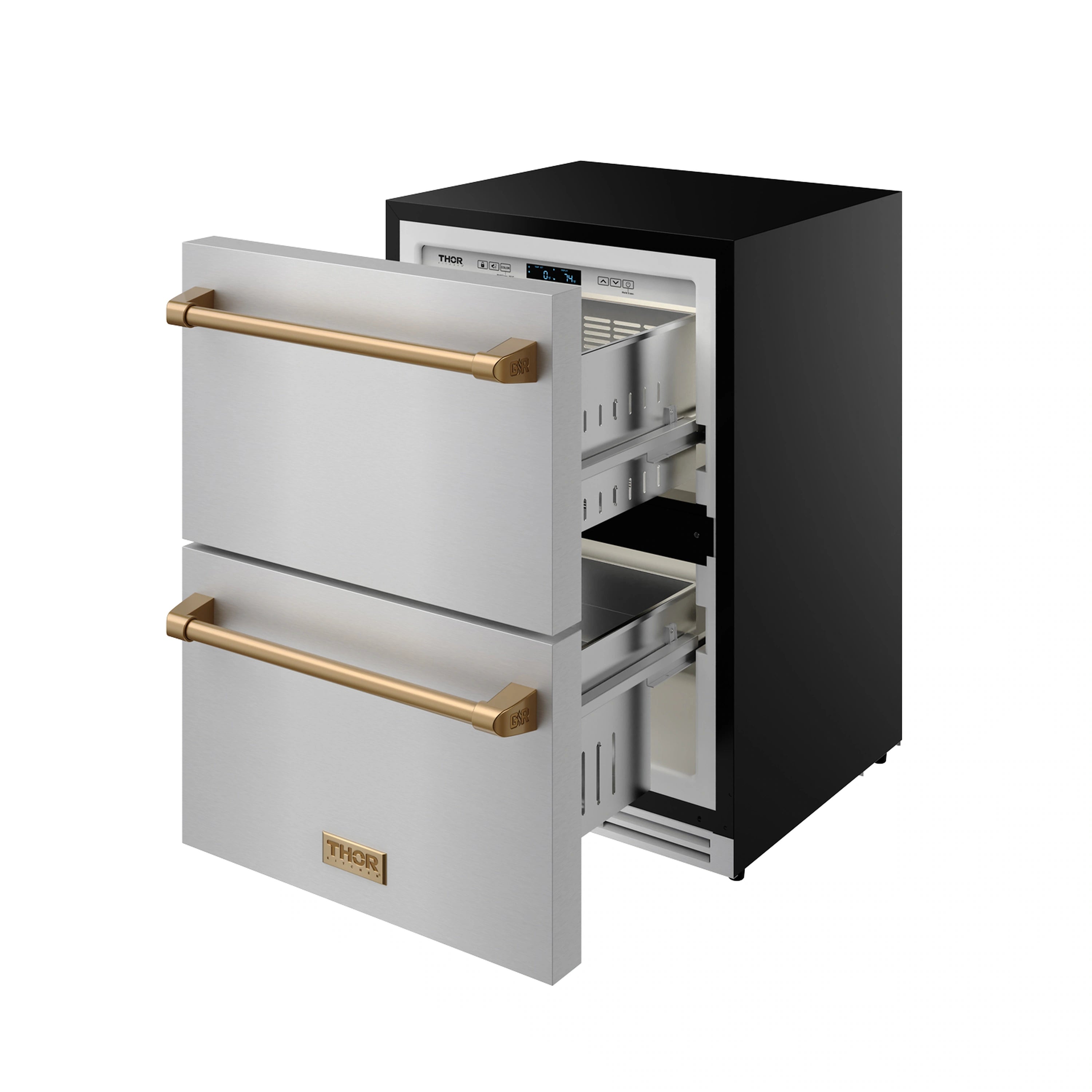 Open stainless drawer freezer with bronze handles and vented inner panels