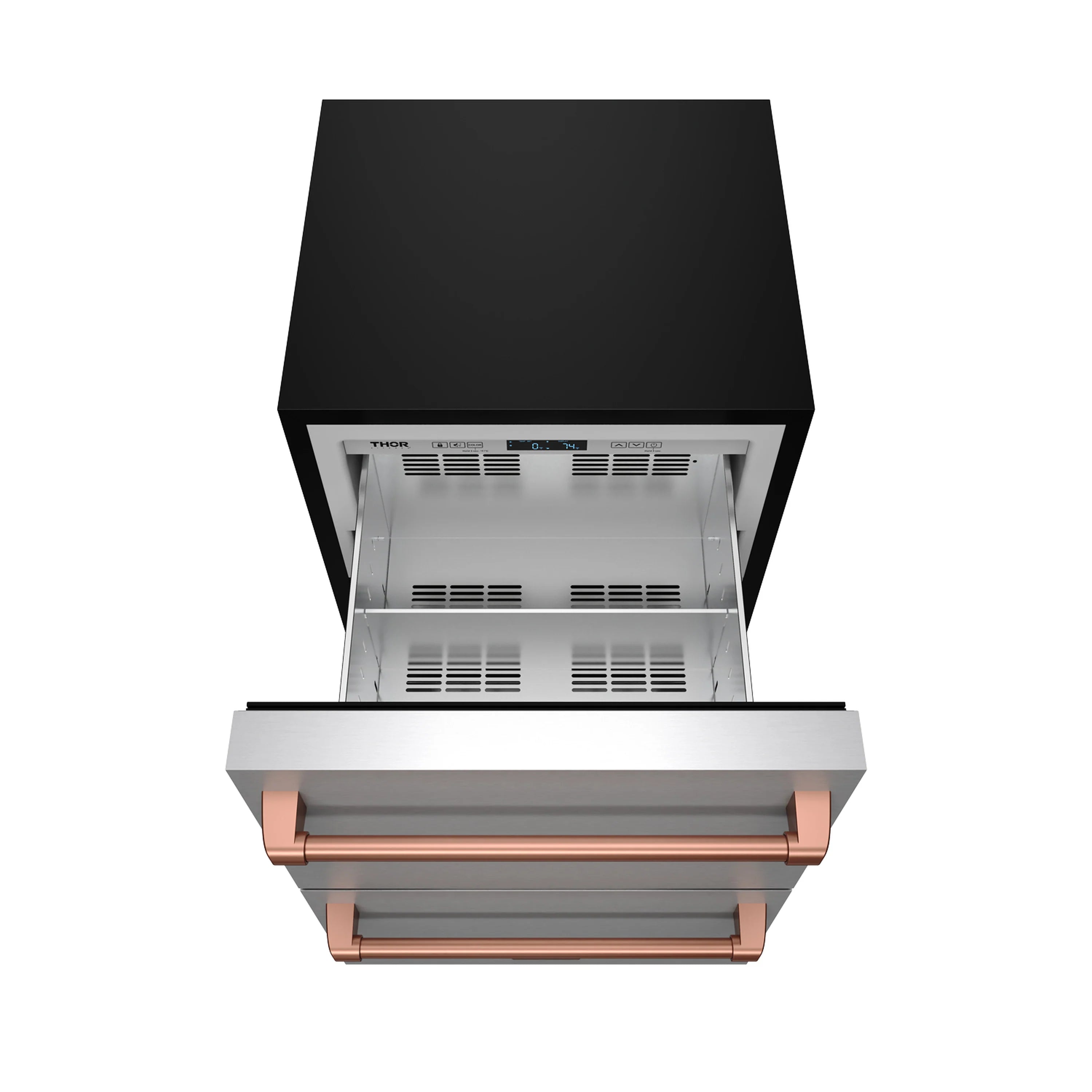 Stainless steel drawer freezer with rose gold handle, open drawers and interior vents