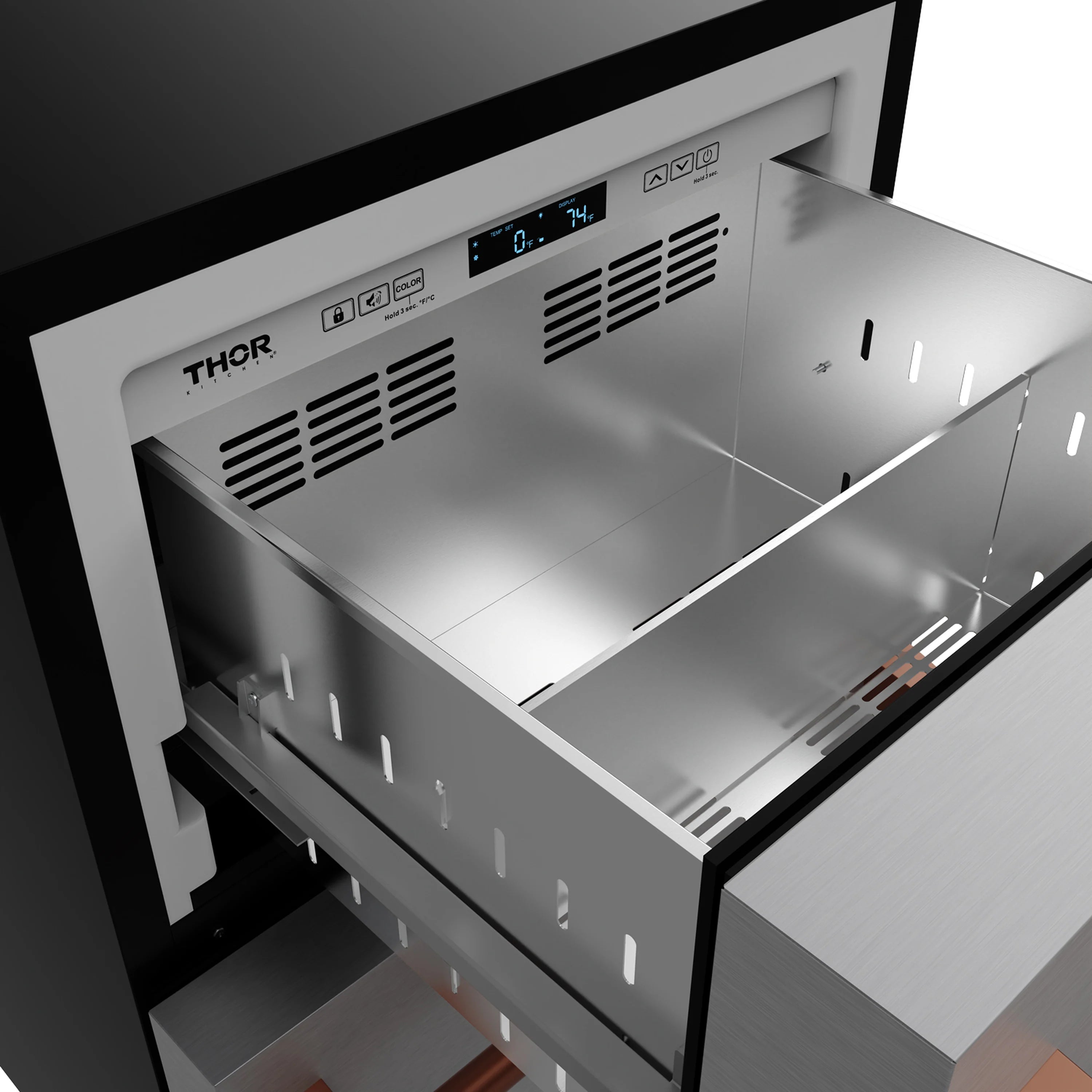 Stainless steel drawer freezer with rose gold trim, open top compartment and vents
