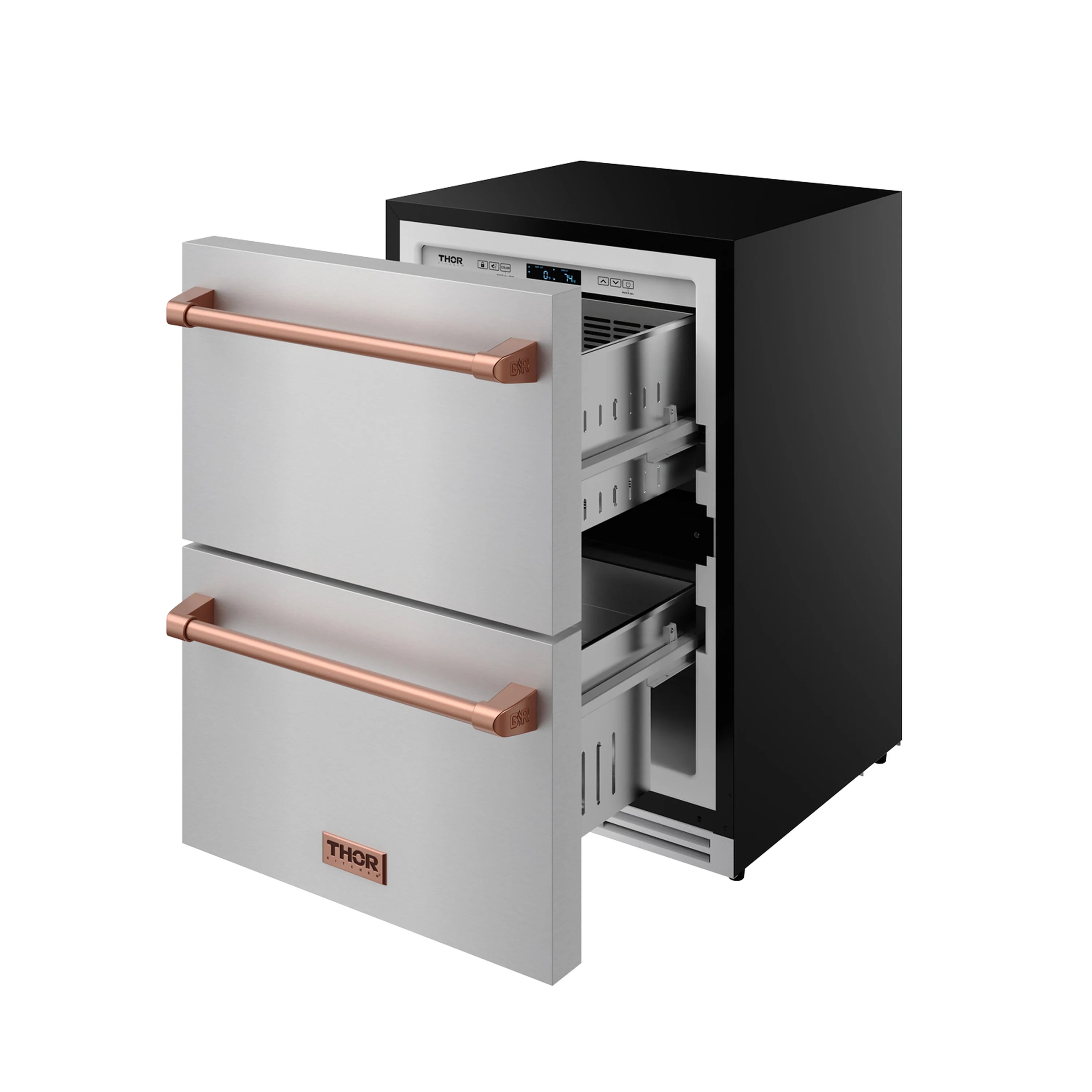 Stainless steel drawer freezer with rose gold handles, both drawers pulled open