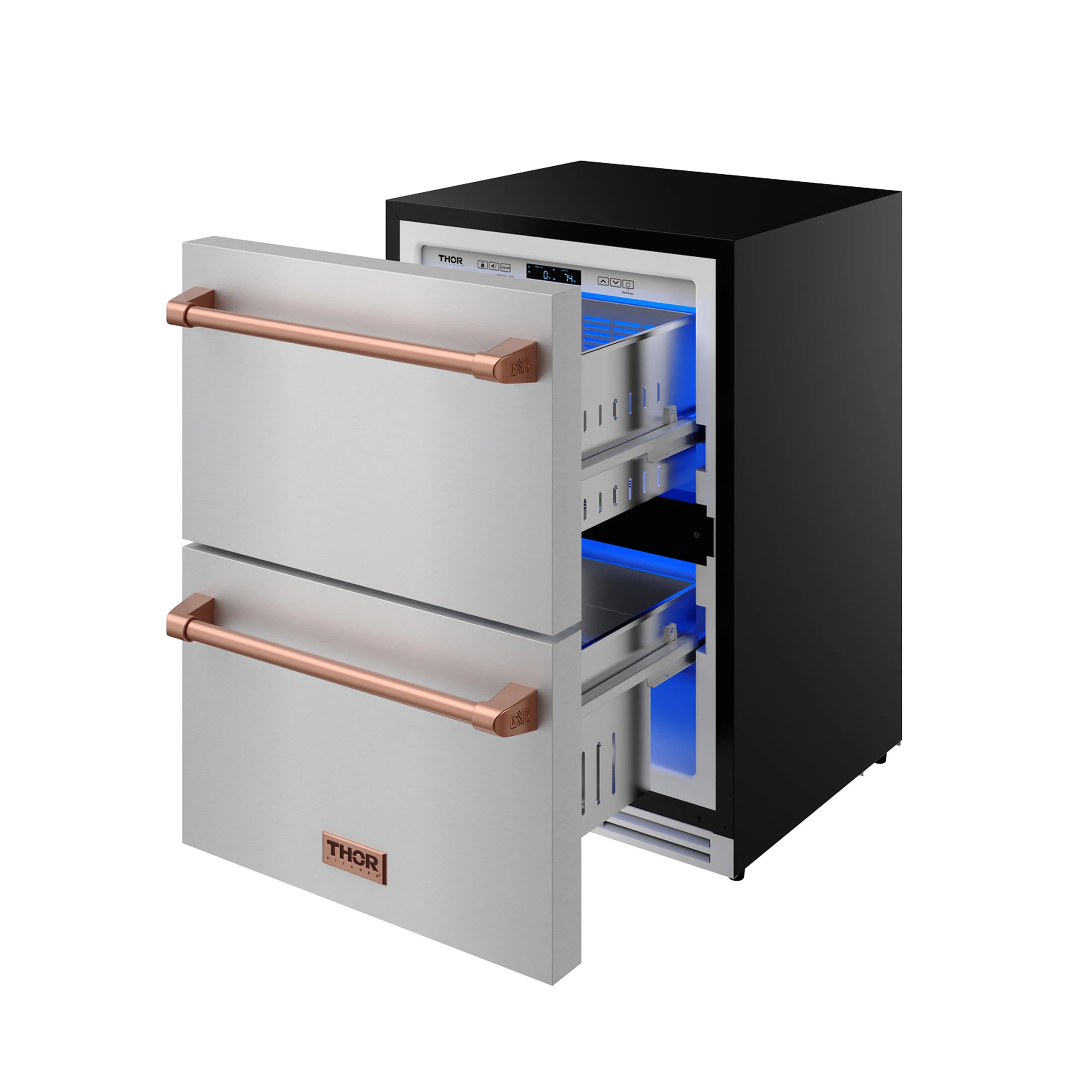 Stainless steel drawer freezer with rose gold handles, interior lighting visible