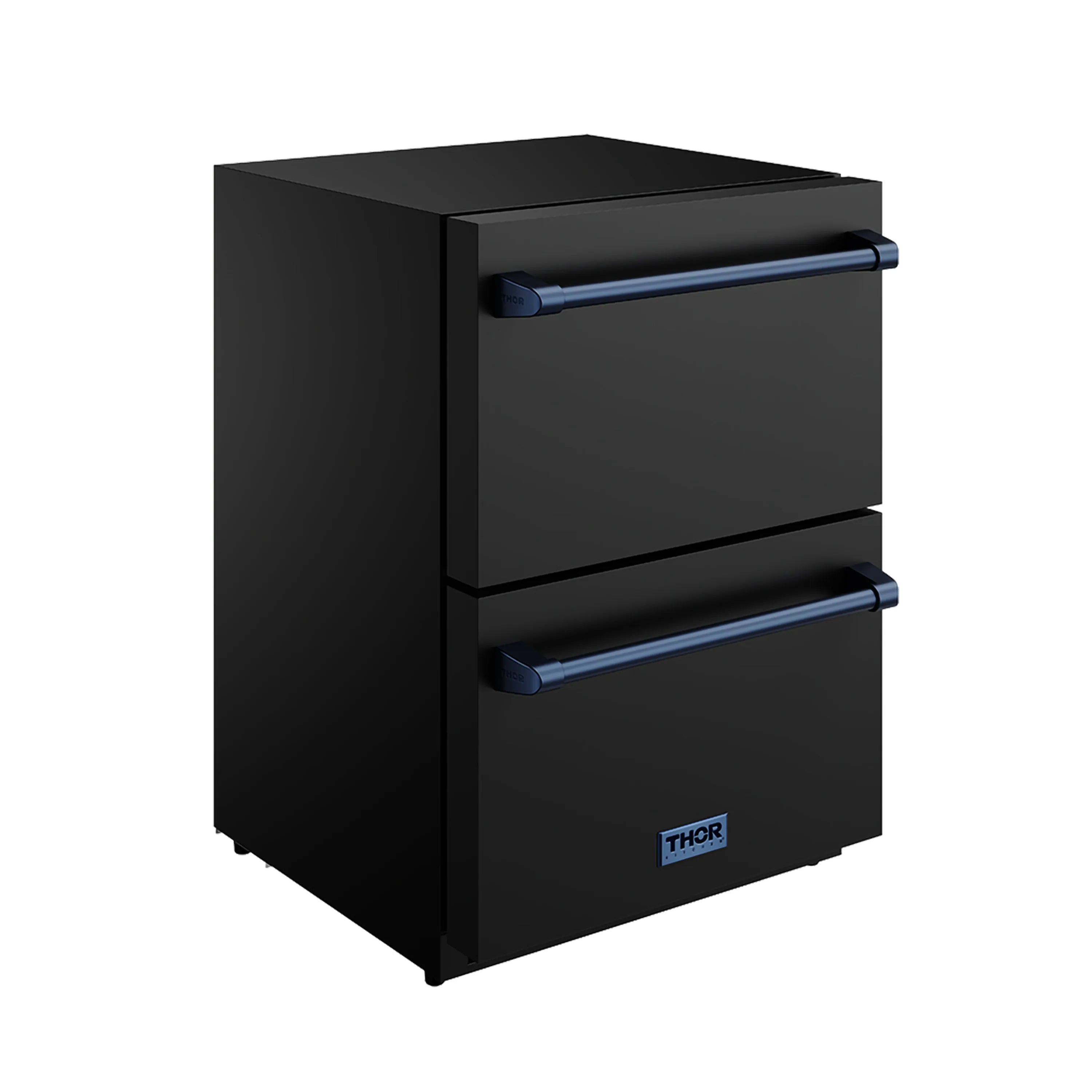 Black built-in style drawer freezer with two blue pull handles