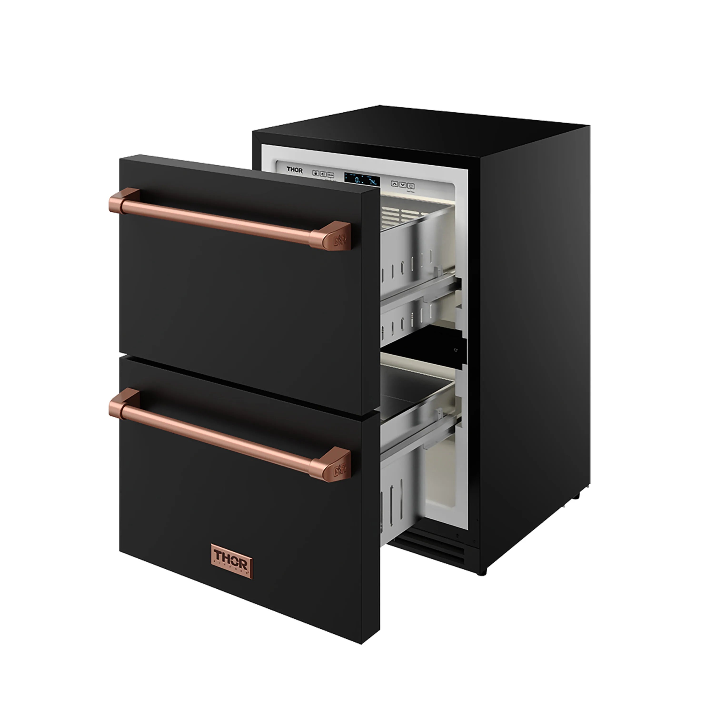 Black drawer freezer with open front and copper bar handles exposed