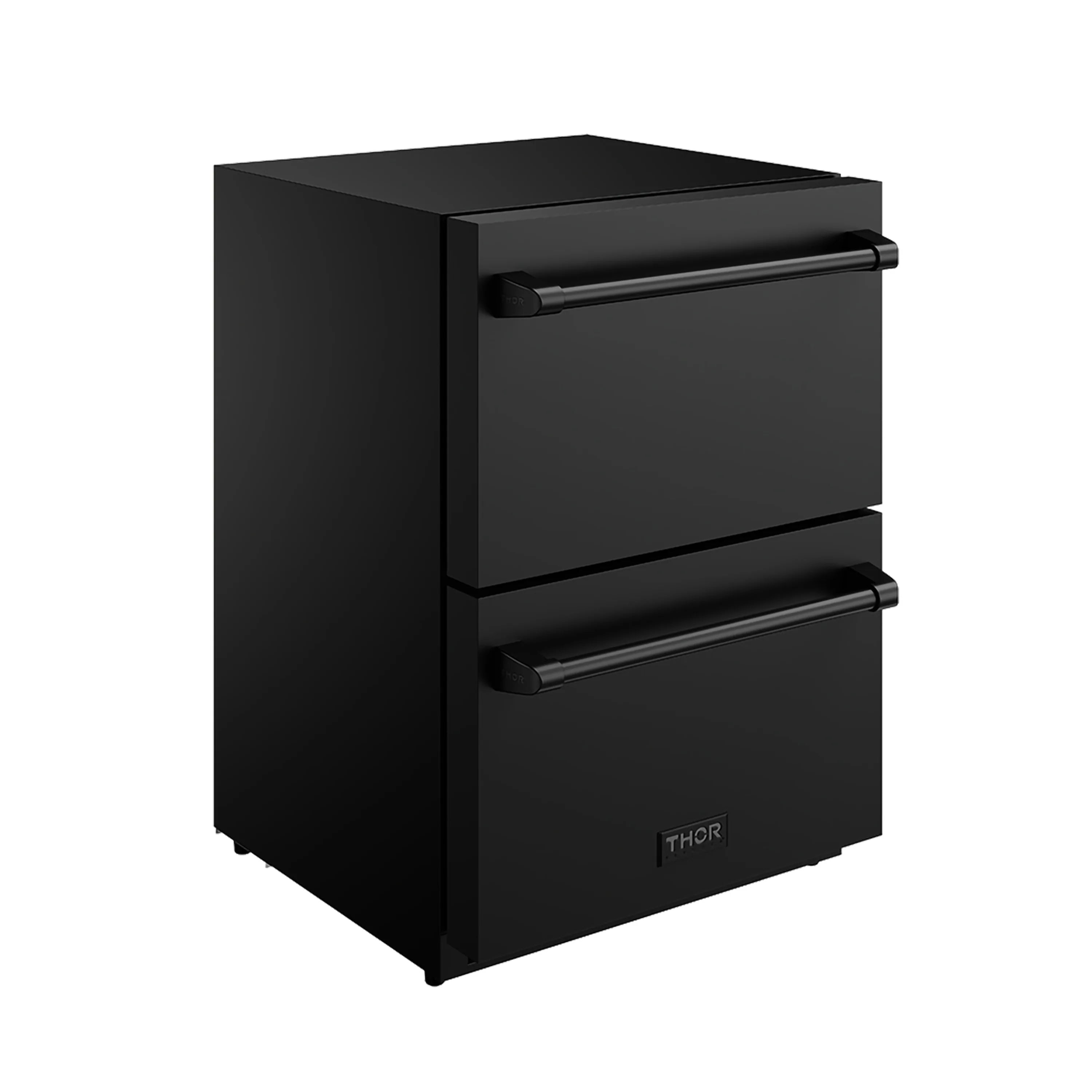 Black undercounter drawer freezer with two stacked drawers and bar handles
