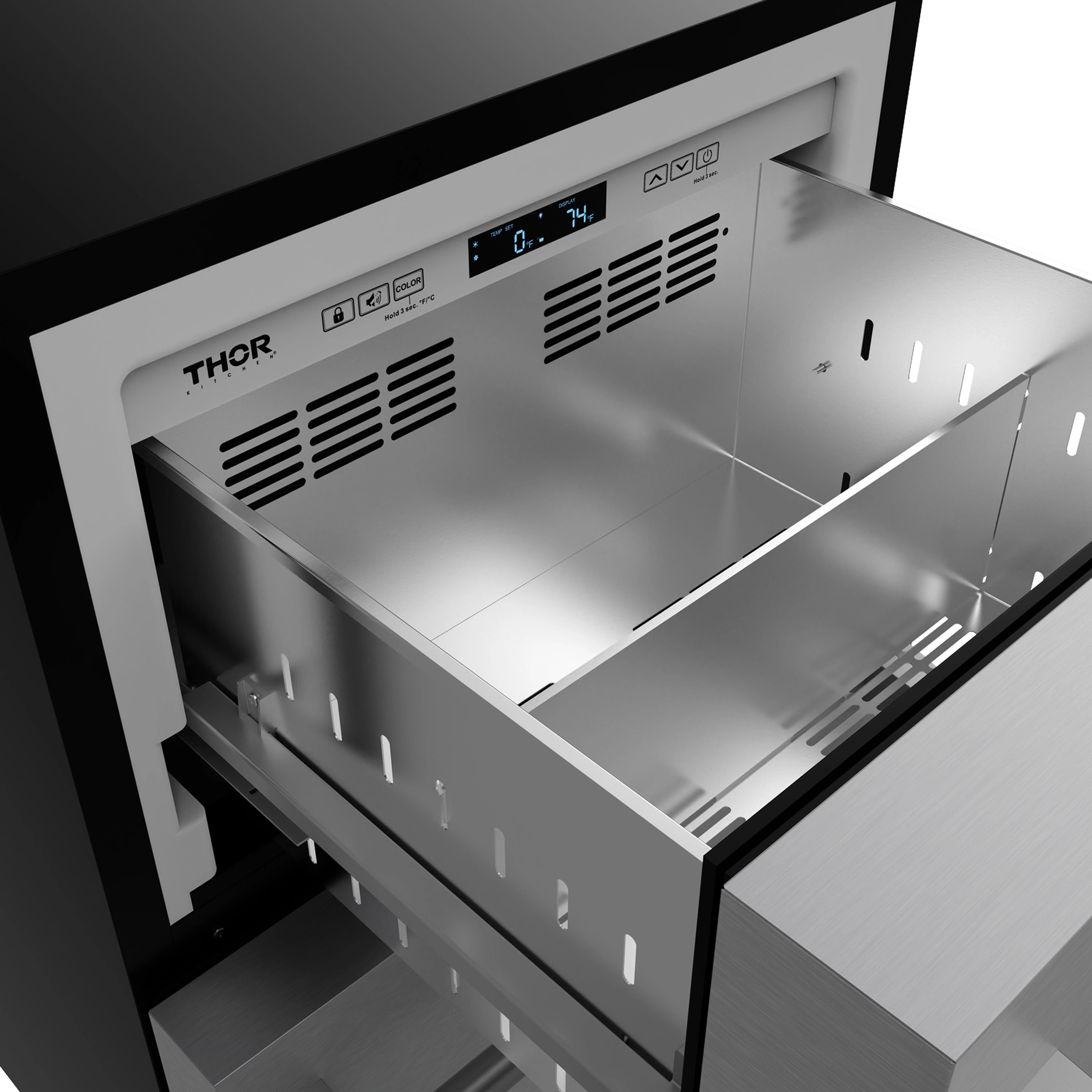 Stainless steel undercounter drawer freezer with THOR logo; open front drawer showing interior.