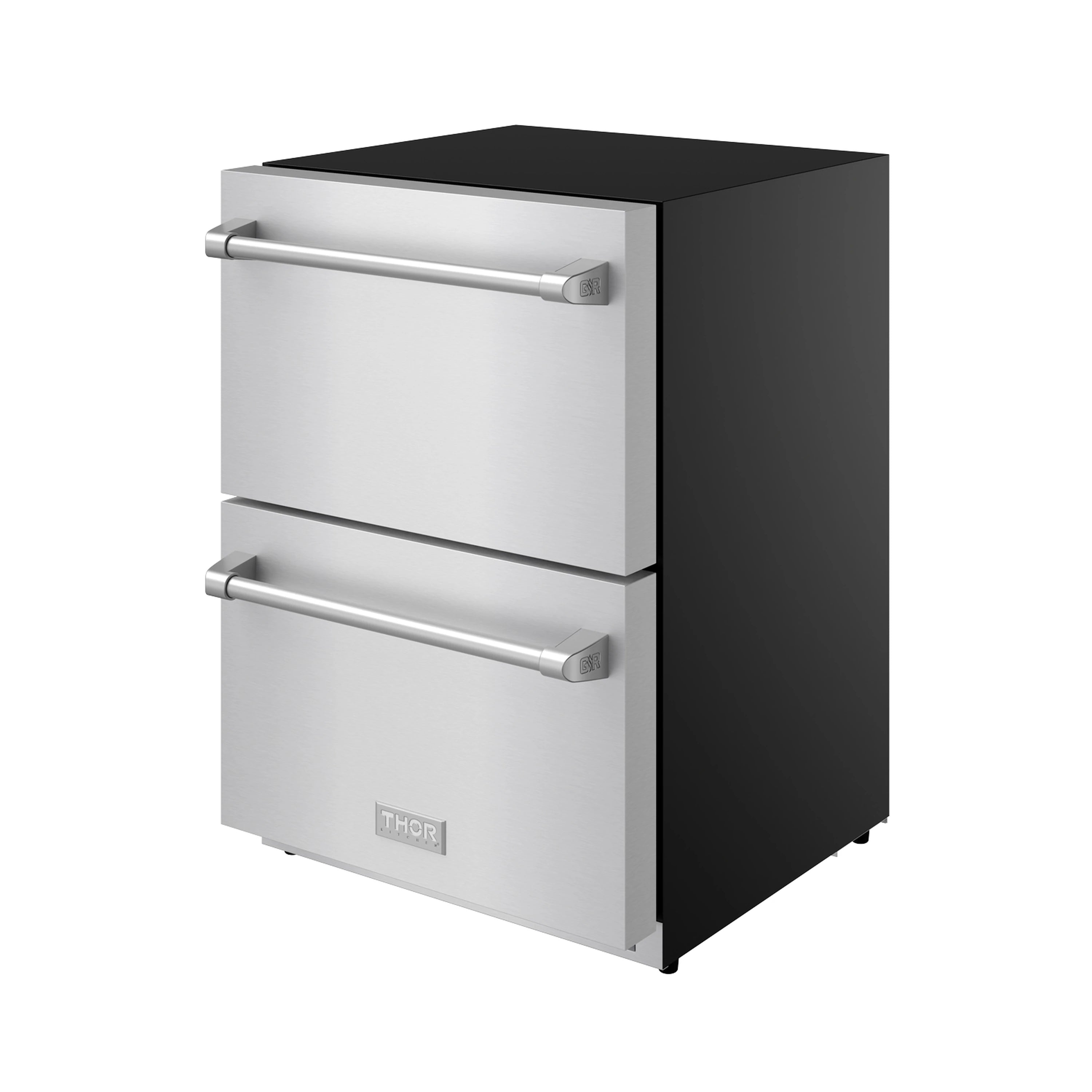 Undercounter drawer freezer with two stainless drawers, chrome handles, and black side.